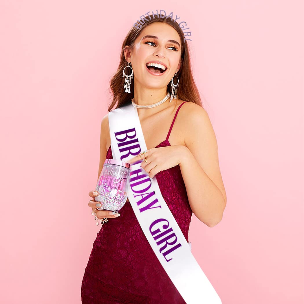 Elegant AOPRIE Rhinestone Birthday Crown for Women - Silver & Purple Princess Tiara & Sash Set - Perfect for Birthday Parties, Bachelorette, Quinceañera & Special Celebrations