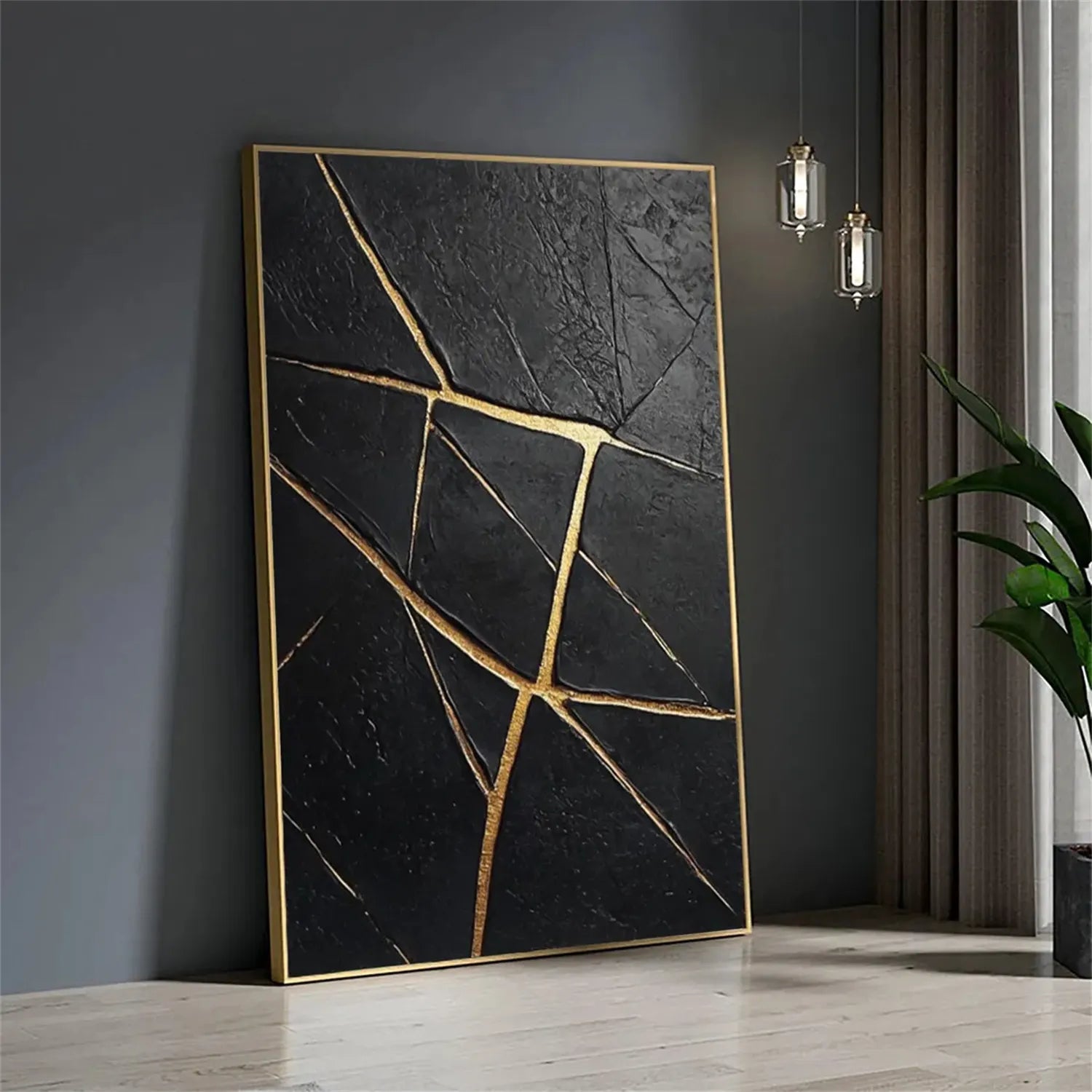 Black Gold Minimalist Textured Painting Canvas - Modern Abstract Wall Art for Living Room, Bedroom & Office Decor | Premium Quality #MZ121