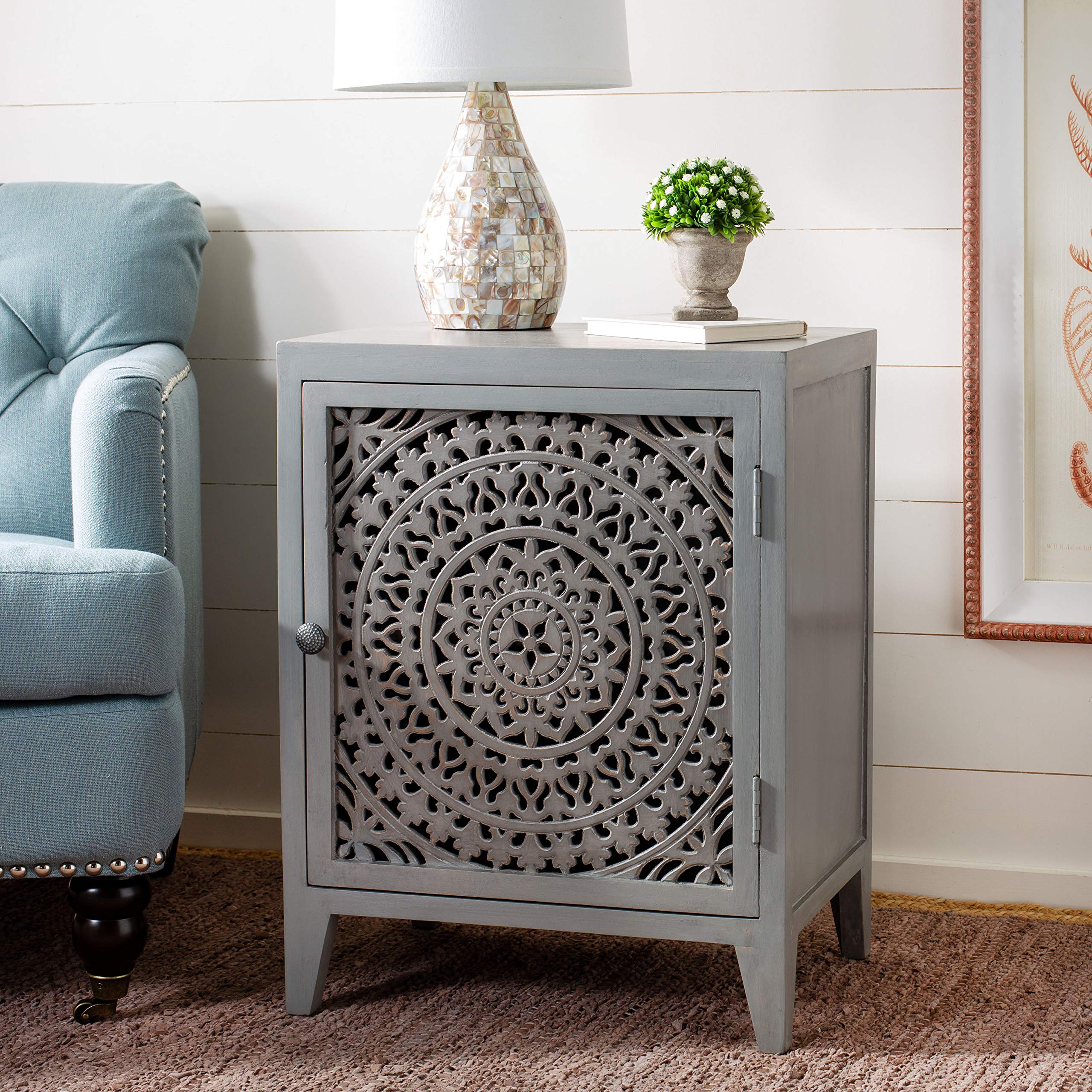 Safavieh Home Thea Brown 1-Door Carved Mandala Nightstand - Elegant Bedside Table with Storage for Bedroom Decor