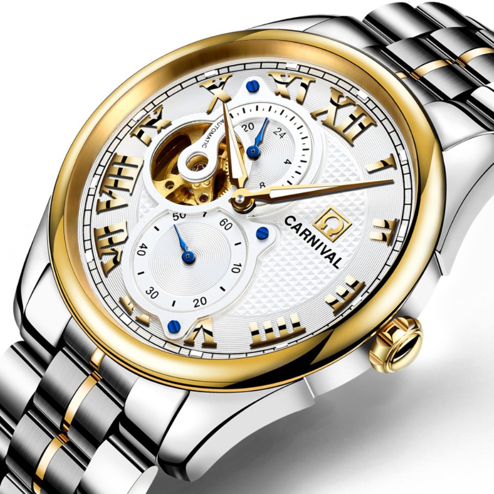 PASOY Men's Automatic Mechanical Tourbillon Watch - Stainless Steel Case, Blue Skeleton Dial with Date Display - Perfect for Business, Formal & Casual Wear