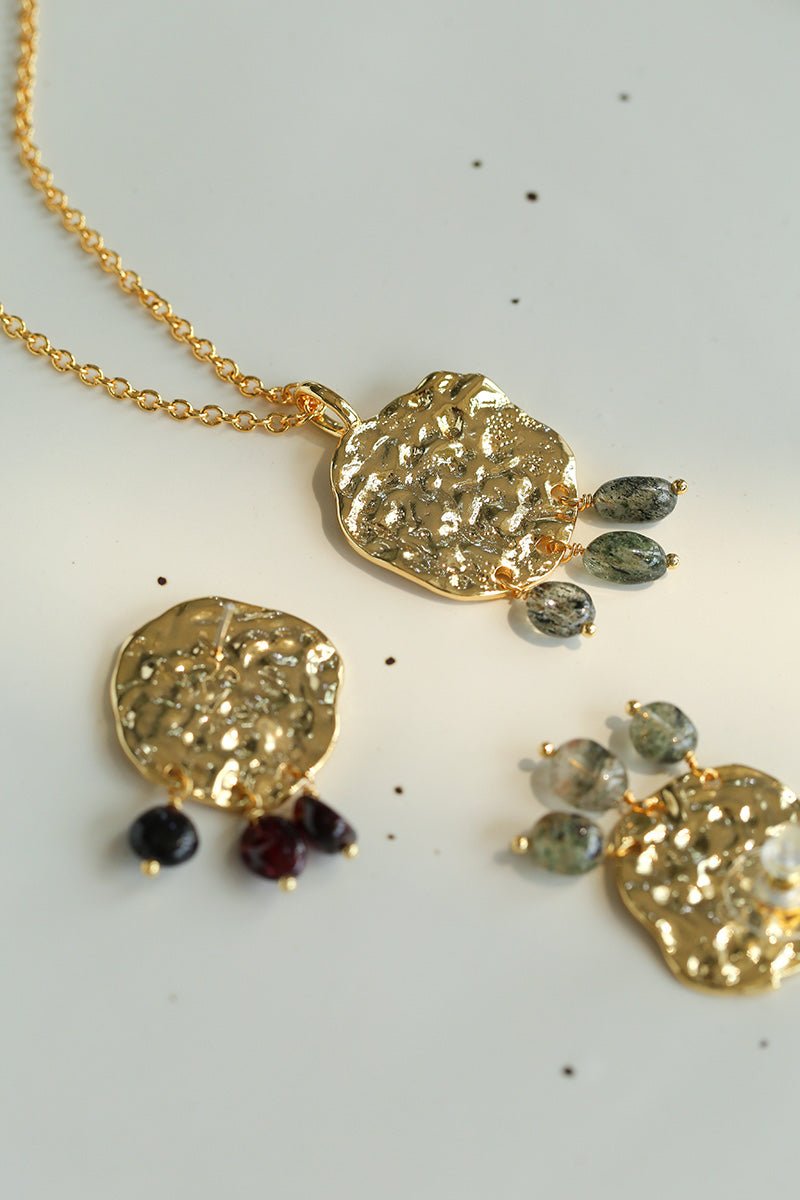 Molten Muse Textured Metal Garnet & Moss Agate Pendant Necklace - Elegant Bohemian Jewelry for Women - Perfect for Casual Wear, Date Nights & Special Occasions
