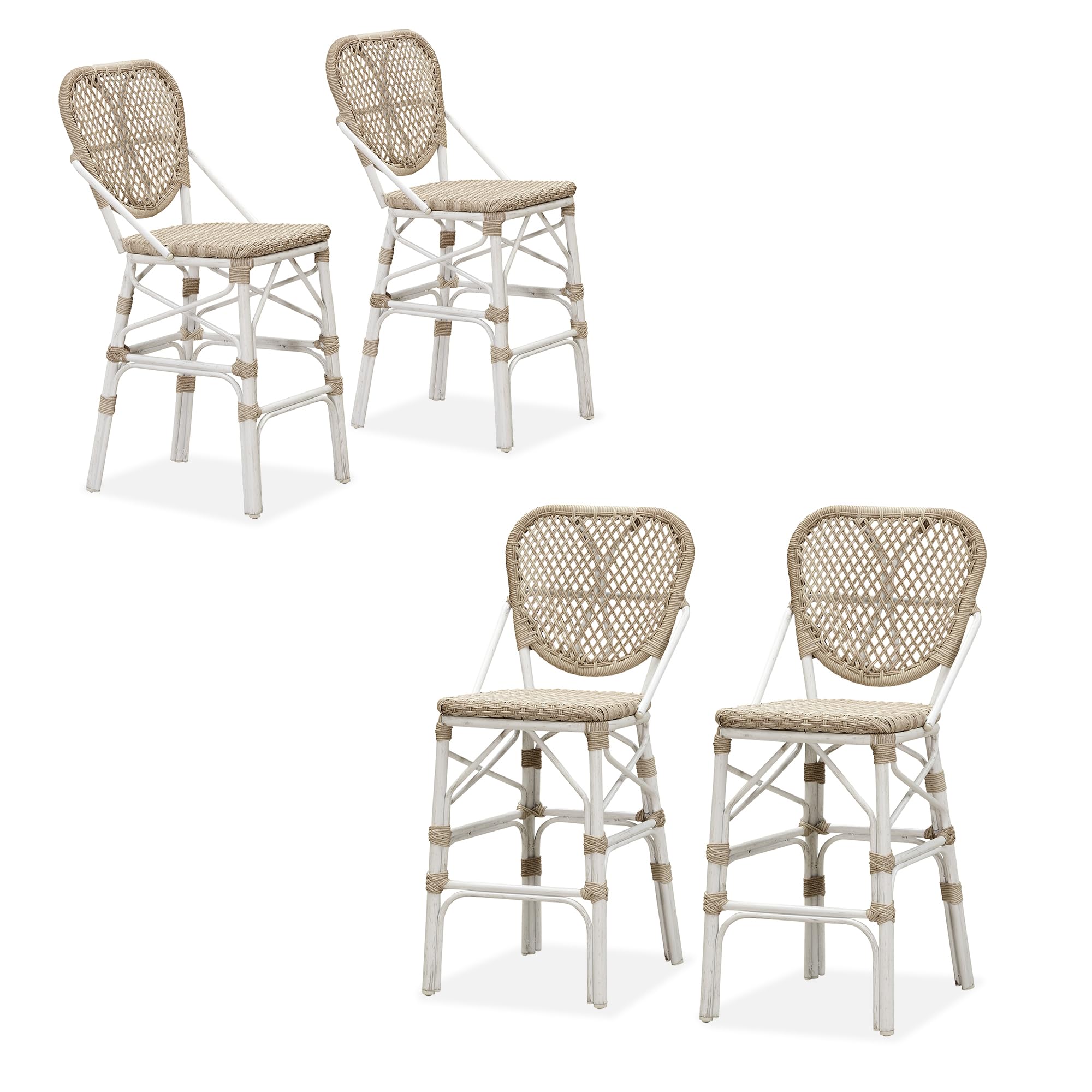 PURPLE LEAF French Counter Height Bar Stools Set of 4 - Rattan Aluminum Patio Barstools with Bamboo Pattern Finish & Back Support for Outdoor Kitchen Island, Poolside, Garden Bar - Light Beige | Perfect for Backyard Entertaining, Outdoor Dining & Lounge Areas