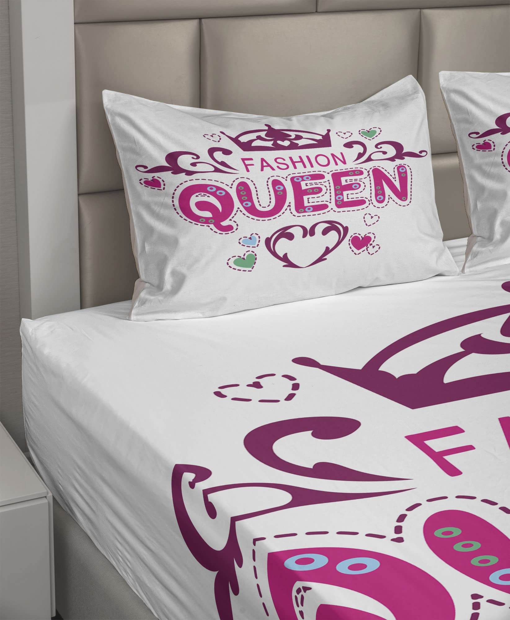 Ambesonne Queen Sheet Set 4-Piece - Girlish Floral Heart Print Fashion Bedding with Lettering, Fitted & Flat Sheets + Pillowcases, Full Size, Dried Rose Pink | Soft & Breathable for Girls' Bedroom, Dorm Room Decor, Gift Idea