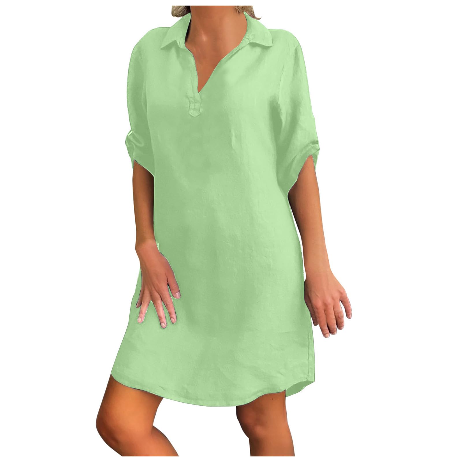 Women's V-Neck 3/4 Sleeve Summer Dress - Solid Color Casual Sundress, Loose Fit Straight Comfortable Vacation Short Dress in Mint Green | Perfect for Beach, Travel, and Everyday Wear