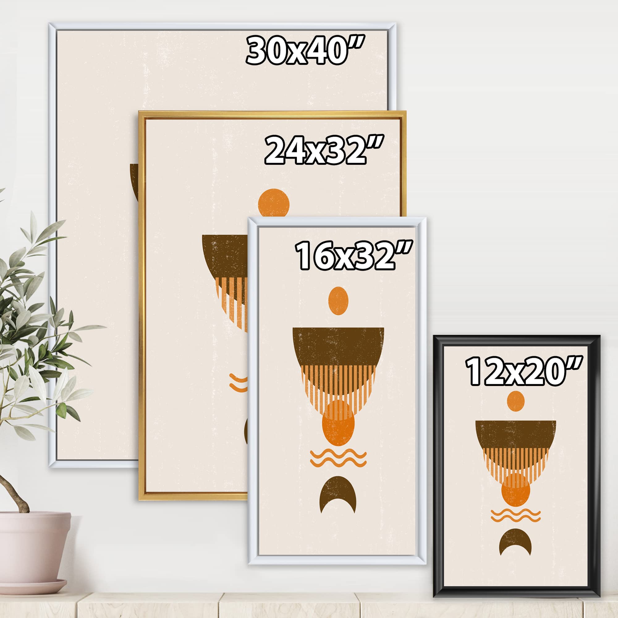 Abstract Minimal Orange Sun and Brown Moon Framed Canvas Wall Art - Modern Home Decor for Living Room, Bedroom & Office - Handmade Print for Contemporary Interior Design