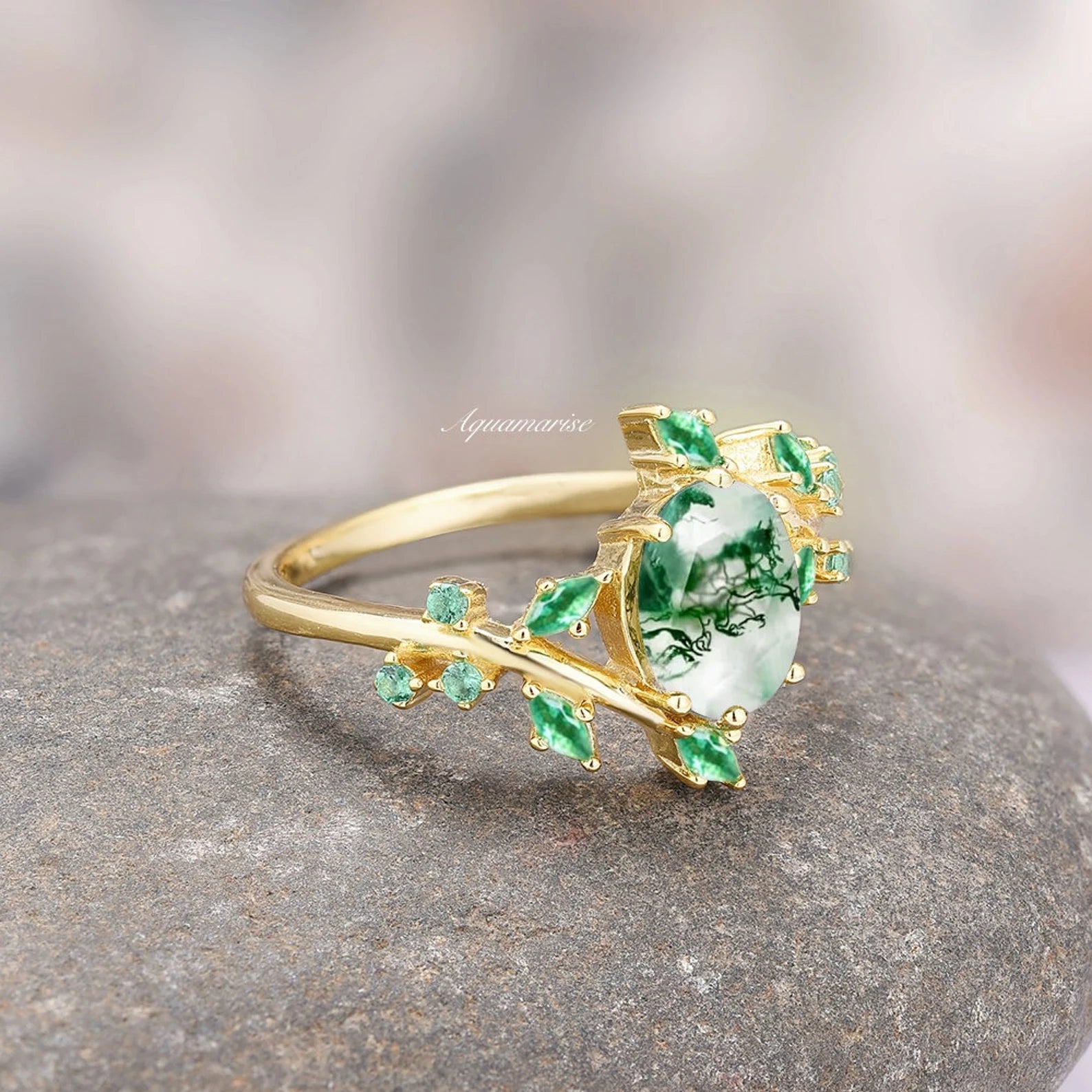 Green Moss Agate & Fire Opal Gold Leaf Couple Rings for Women & Men - Elegant Matching Promise Rings for Anniversary, Engagement & Wedding Gifts