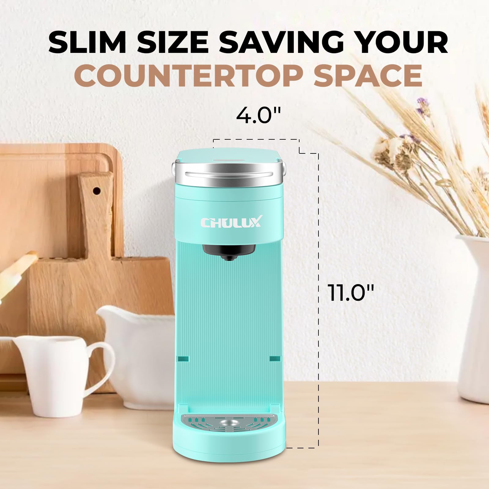 CHULUX Slim Single Serve Coffee Maker for K Cup Pods - Compact Travel & Home Coffee Machine for Desk, Kitchen, Bedroom - Fits Standard Travel Mugs - Perfect for Office, Dorm, Camping & Small Spaces (Aqua Blue)