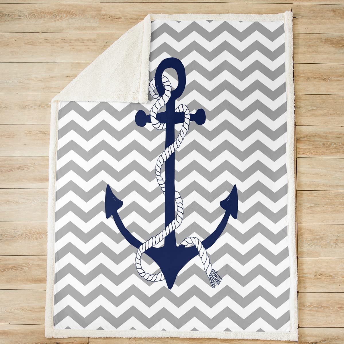 Anchor Print Fleece Throw Blanket - Super Soft Cozy Gray Stripes Sherpa Blanket for Kids, Women & Adults - Nautical Theme Plush Blanket - Ocean Style Fuzzy Blanket for Sofa, Bed & Couch (30x40 Inches) - Perfect for Living Room Decor, Gift Giving & Winter Warmth