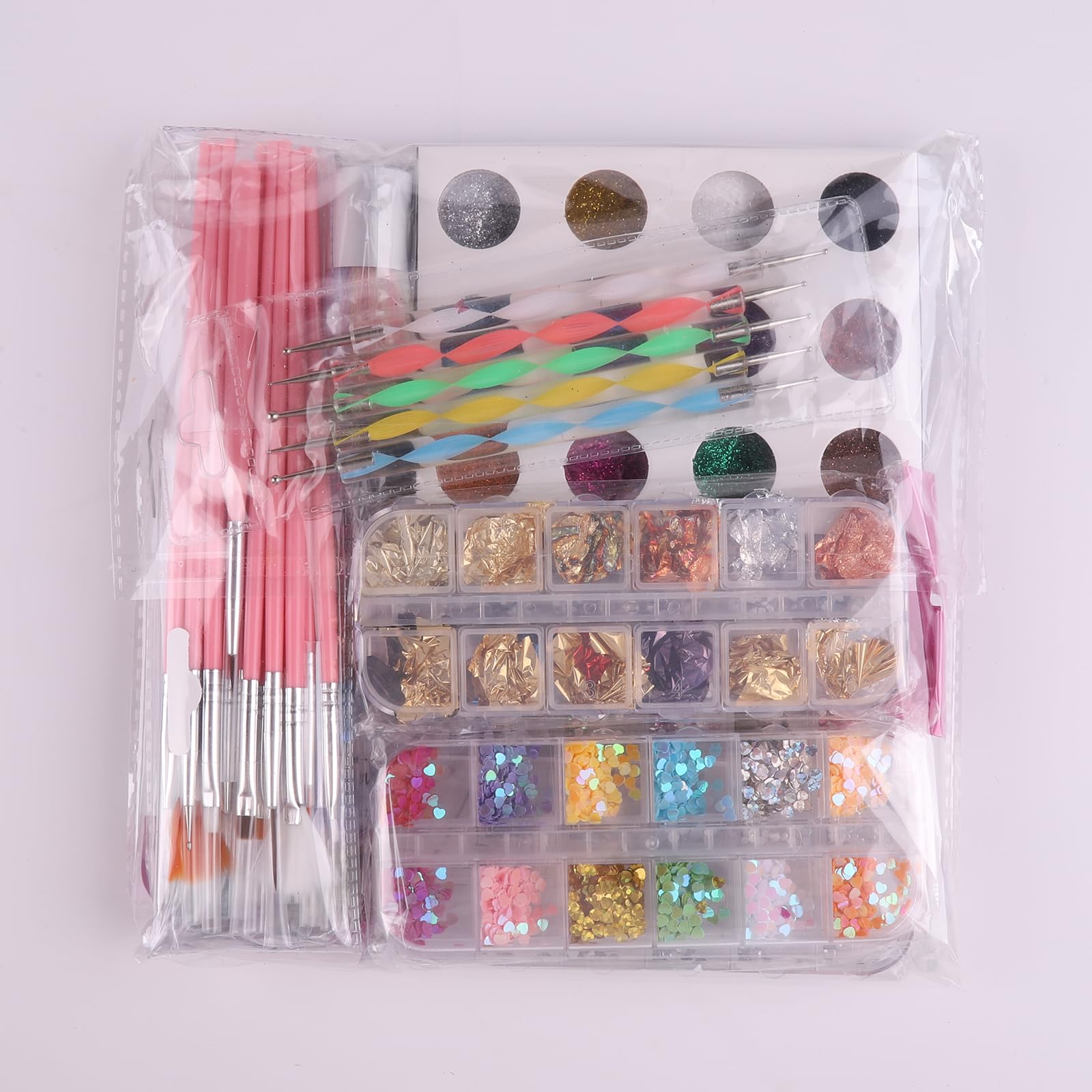 FANDAMEI Professional Nail Art Kit - 48 Pieces Nail Design Tools Set with Brushes, Dotting Pens, Glitter Powder, Sequins, Foil Flakes & Rhinestones | Perfect for DIY Manicure, Home Salon, Party Nail Designs & Gift for Nail Lovers