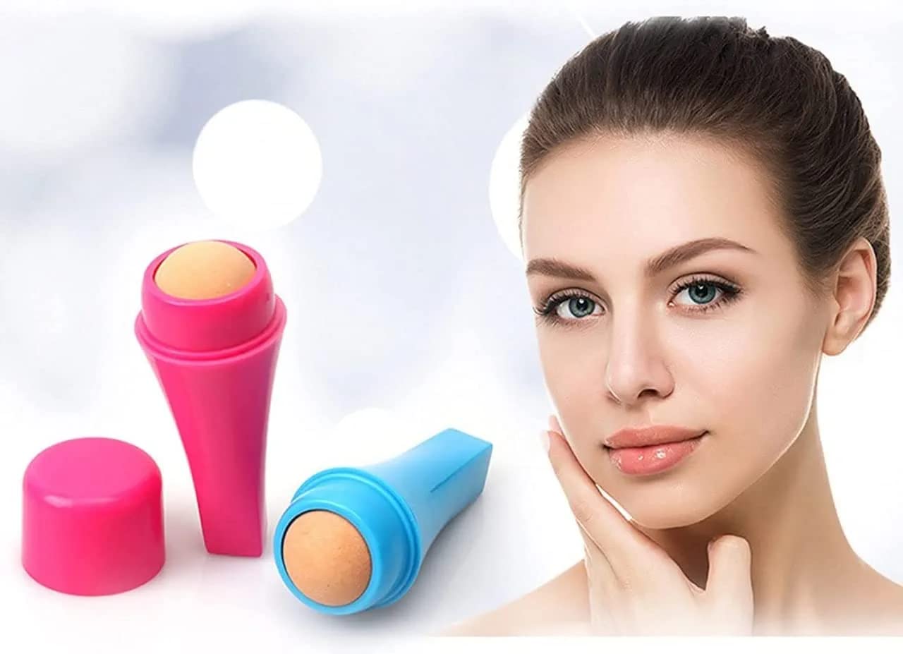 LOCANS Volcanic Stone Face Roller for Oily Skin - Reusable Oil Control & Absorbing Facial Skincare Tool with Makeup Sponge | Perfect for Daily Skincare Routine, Makeup Application & On-the-Go Touch Ups