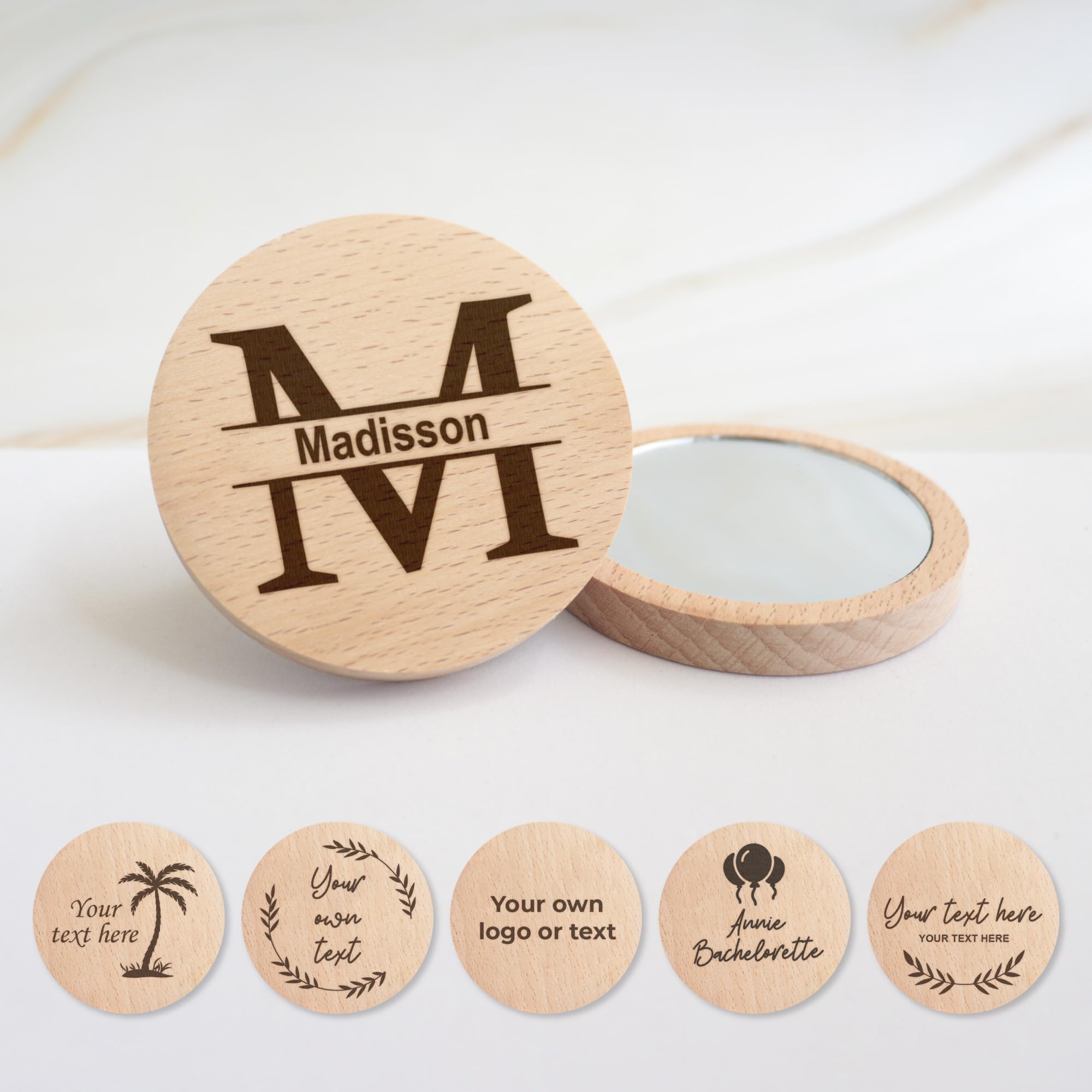 Custom Engraved Wooden Compact Mirrors for Women - Personalized Handheld Makeup Mirror with Logo/Text - Bulk Wedding Bridesmaid Party Favors & Gifts - Perfect for Purse, Travel, and Special Occasions