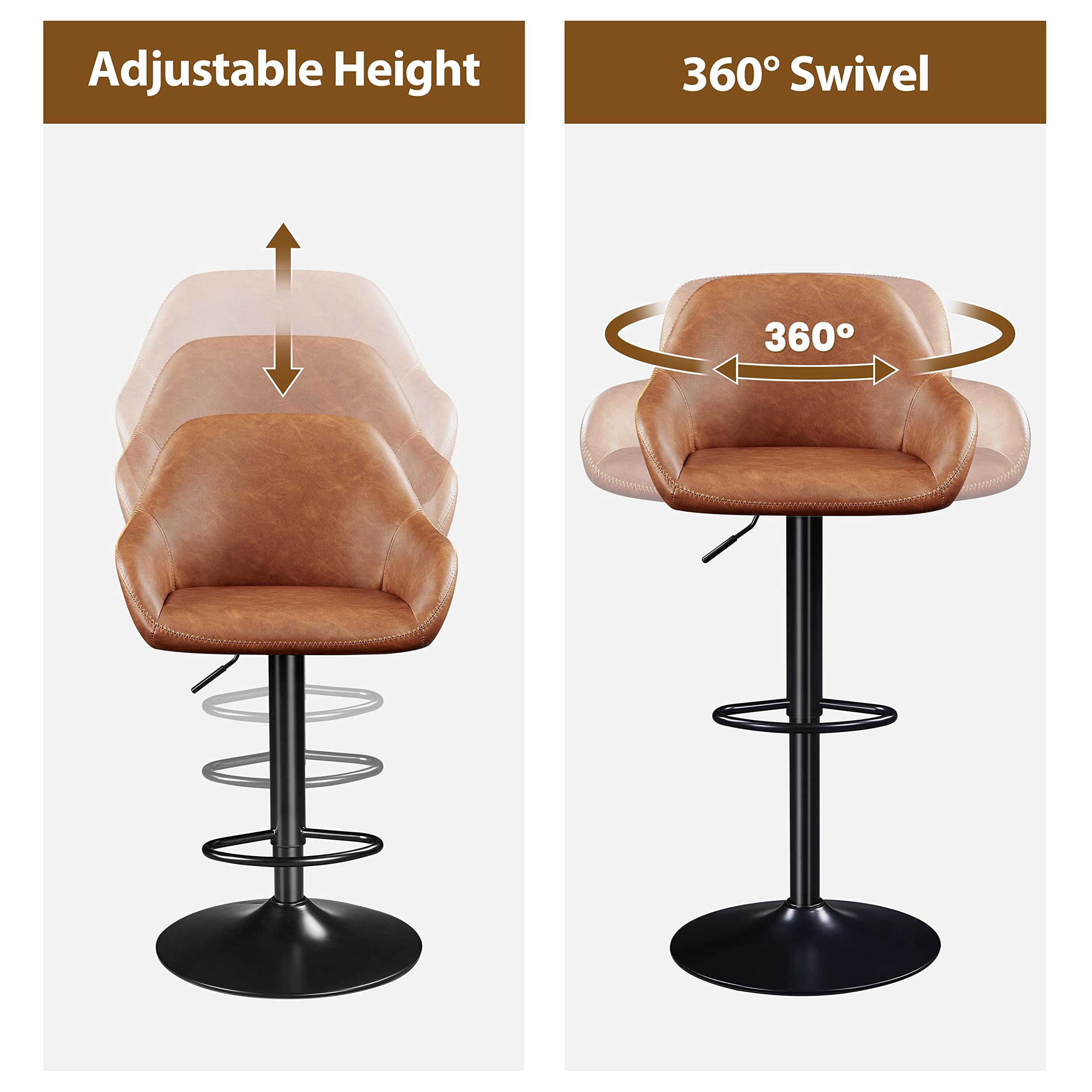 Yaheetech 4-Piece PU Leather Swivel Bar Stools Set - Adjustable Counter Height Barstools with Backrest & Footrest - Retro Brown Kitchen Island Stools for Home, Bar & Restaurant Use