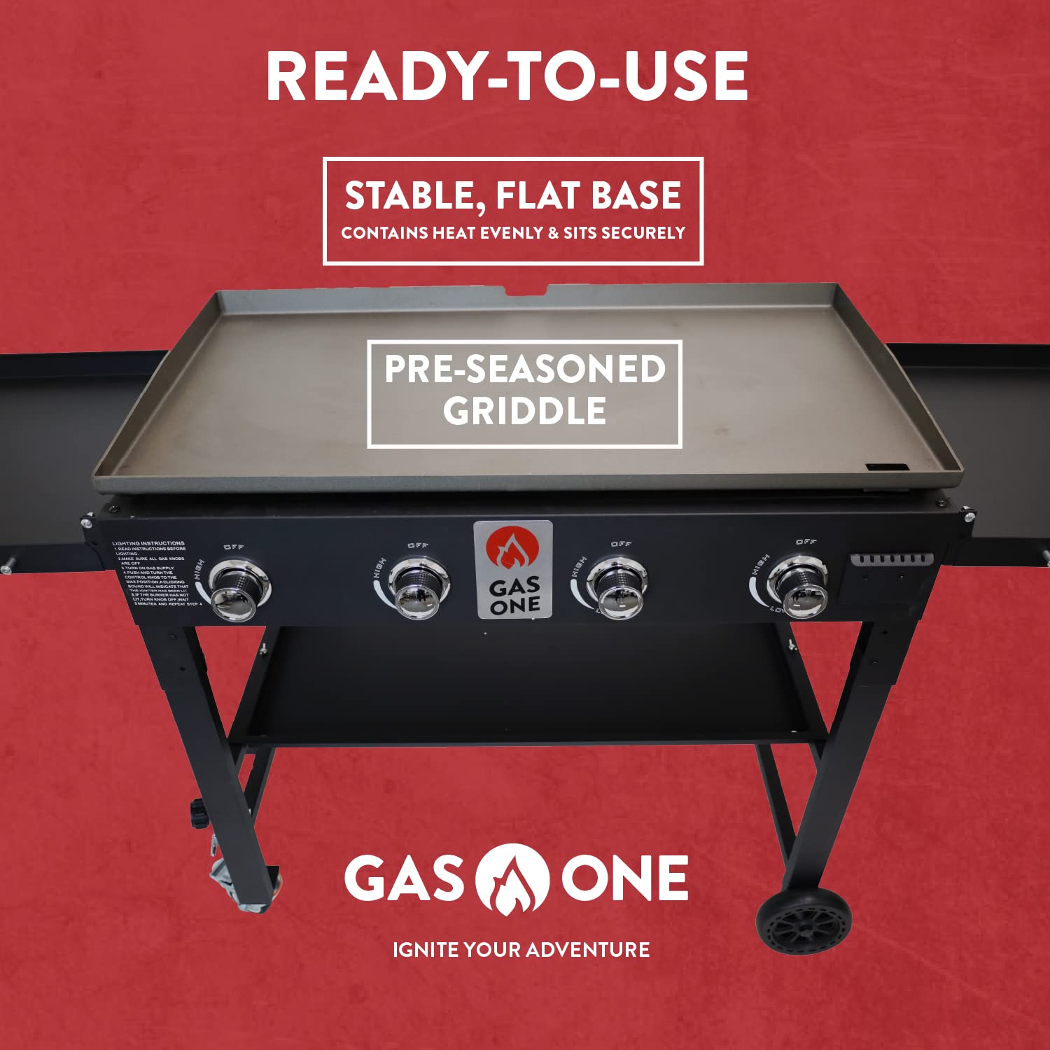 Gas One 36-Inch Flat Top Propane Grill Griddle - Foldable 4-Burner Outdoor Cooking Station with Pre-Seasoned Surface & Side Shelves - Professional Black Griddle for Backyard BBQ, Tailgating & Camping