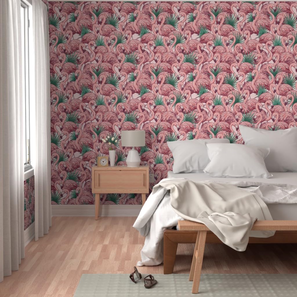 Premium Flamingo Wallpaper - 27ft x 2ft Commercial Grade Tropical Bird Design for Bedroom, Bathroom & Living Room Decor | Pink Summer Beach Theme Traditional Peel & Stick Wall Mural