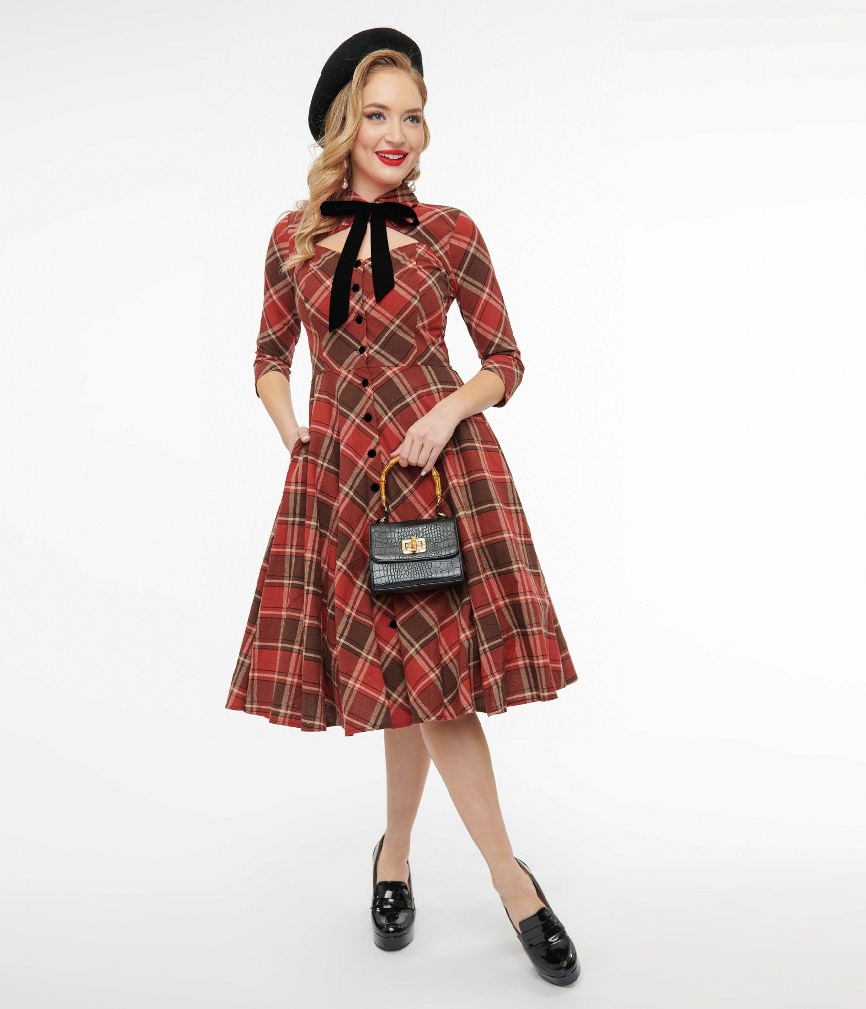 Vintage 1950s Red & Brown Plaid Swing Dress - Retro A-Line Cocktail Dress for Women | Perfect for Parties, Weddings & Pin-Up Style Outfits