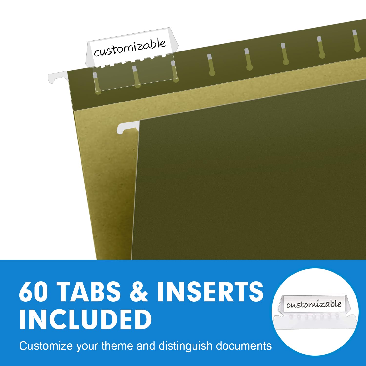 RAZCC 60 Pack Reinforced Hanging File Folders - Legal Size for Bulky Files, Adjustable Tabs, Green - Perfect for Office Filing Cabinets, Document Organization & Home Office Storage