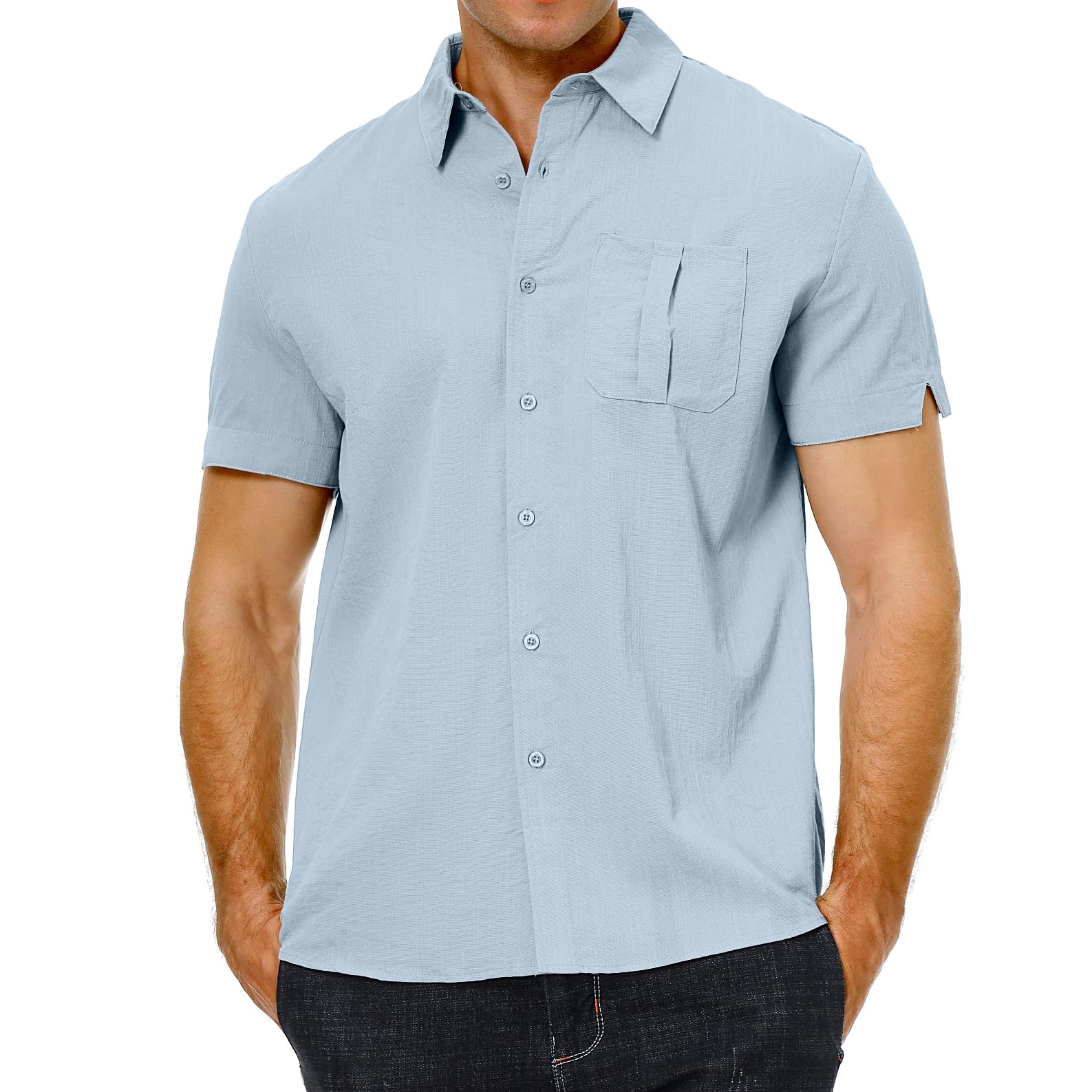 Men's Slim Fit Linen Short Sleeve Button Down Shirt - Breathable Summer Casual Shirt for Office, Beach & Outdoor Activities