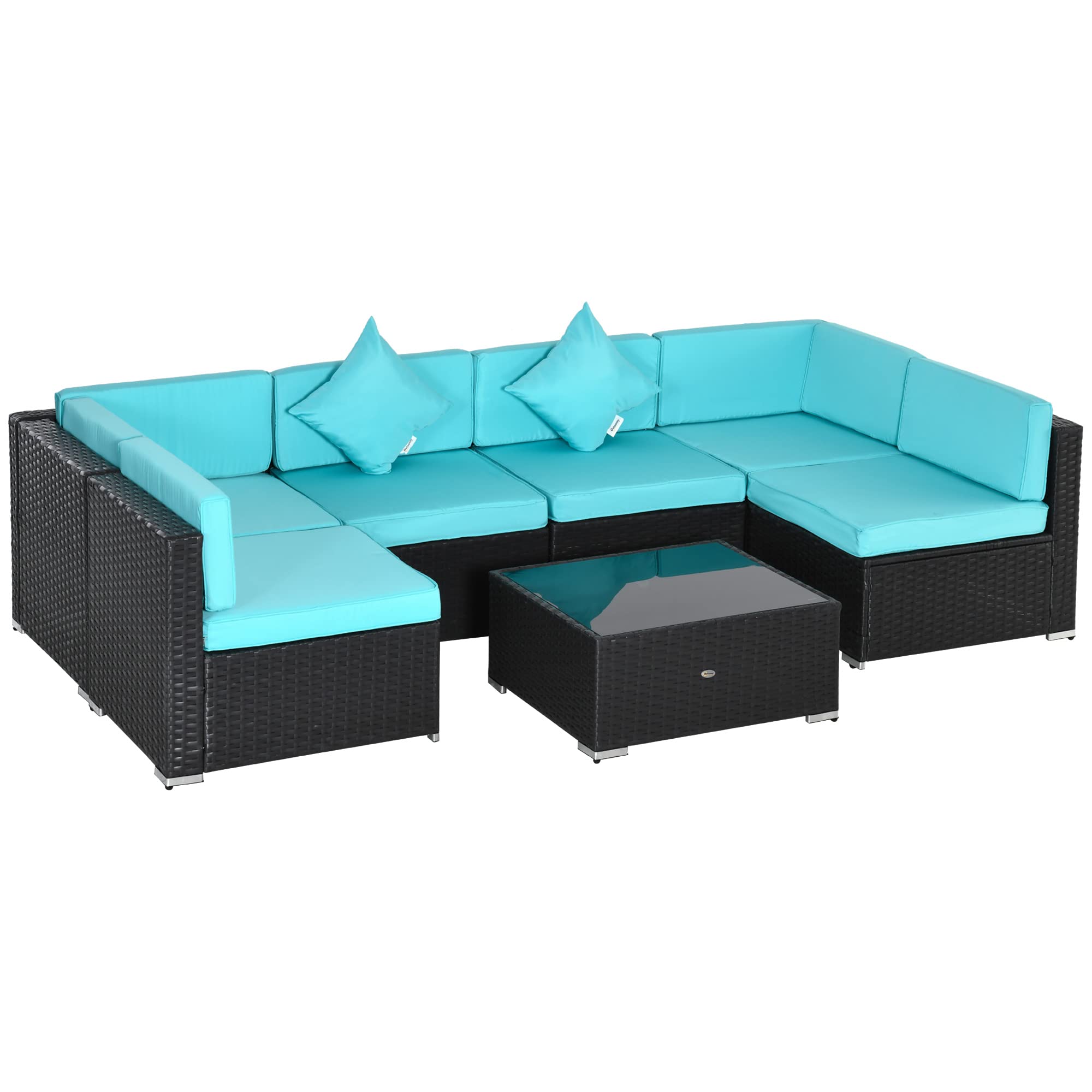 Outsunny 7-Piece All-Weather PE Rattan Patio Furniture Set, Outdoor Wicker Sectional Sofa with Cushions & Tempered Glass Table - Turquoise - Perfect for Garden, Backyard, Poolside & Patio Relaxation