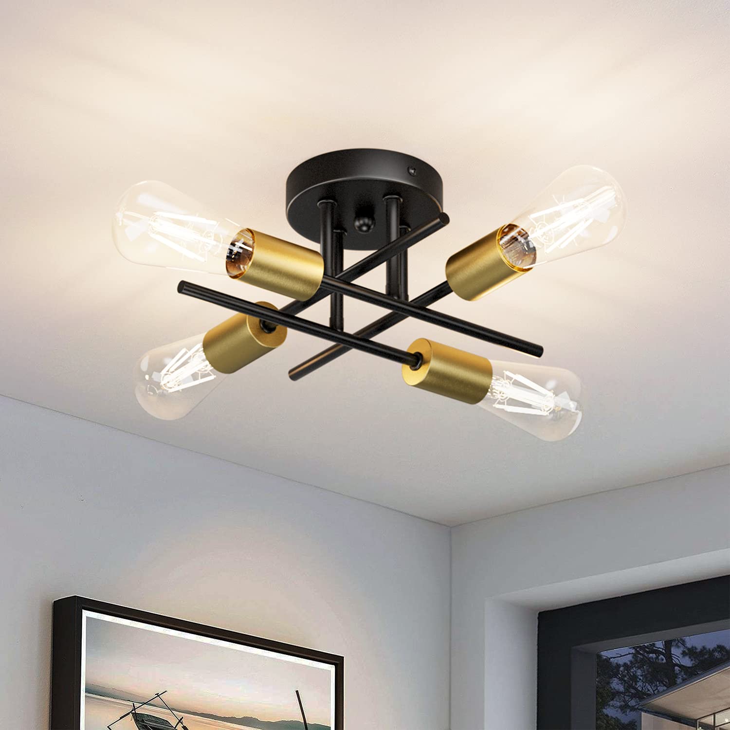 Tipace Modern Semi Flush Mount Ceiling Light Fixture - Black & Gold 4-Light Sputnik Chandelier - Close to Ceiling Lighting for Bedroom, Kitchen, Living Room & Dining Room (Bulb Not Included) - Perfect for Modern Home Decor, Apartment Lighting & Interior Design Upgrade