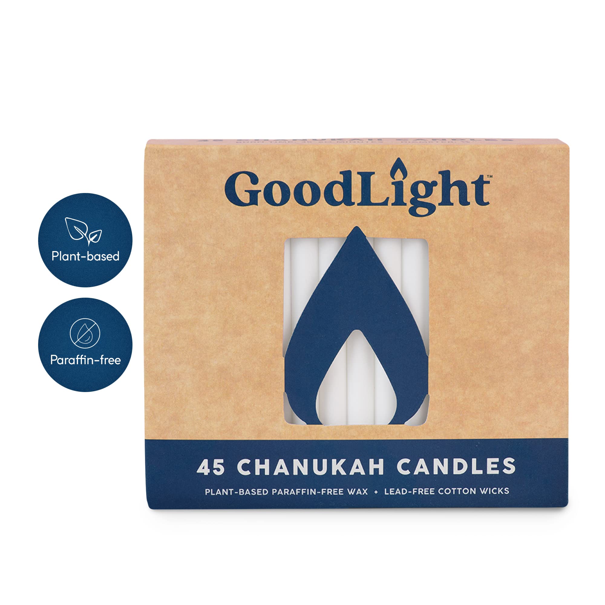 Eco-Friendly Vegan Palm Wax Hanukkah Candles - 45 Unscented White Taper Candlesticks, 45-Minute Burn Time, Paraffin-Free Jewish Chanukah Candles for Menorah Lighting & Holiday Decorations
