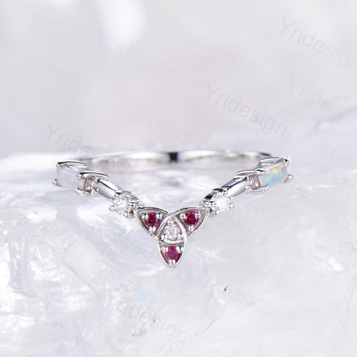 Viking Opal Ruby Wedding Band for Women - Rose Gold Baguette Opal Ring, Curved Stackable Matching Band - Perfect Promise, Anniversary Gift for Her - Ideal for Weddings, Engagements & Special Occasions
