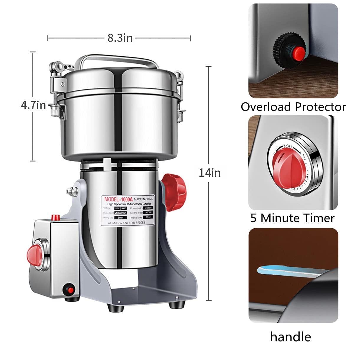 1000W Electric Grain Mill Grinder - High Speed Commercial Spice & Herb Grinder for Dry Cereals, Rice, Corn - CE Certified - Perfect for Home Kitchens, Bakeries & Coffee Shops