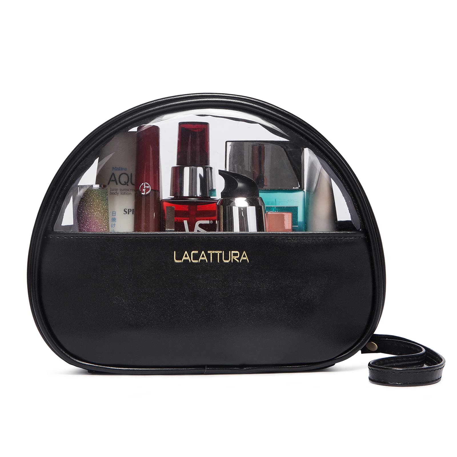 LACATTURA Clear Travel Makeup Bag - Small Vegan Leather Cosmetic Organizer & Transparent Toiletry Pouch for Women | Portable Zipper Storage Bag | Perfect for Air Travel, Gym, Beach & Daily Essentials (Black)