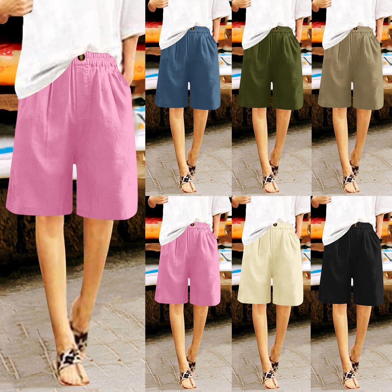Women's Linen Bermuda Shorts - Knee-Length Cotton Summer Pants for Casual Outings