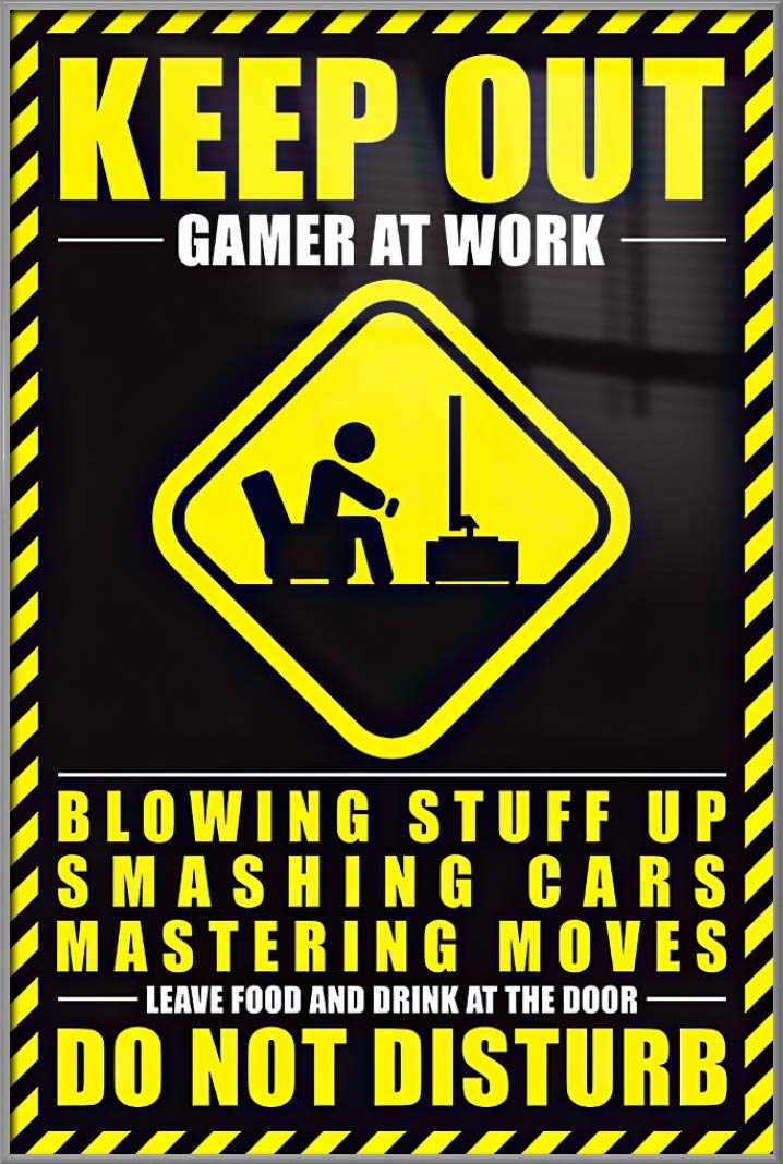 Keep Out Gamer at Work Framed Poster - 24x36 Inch Gaming Wall Art for Man Cave & Game Room Decor - Funny Video Game Sign for PC & Console Players