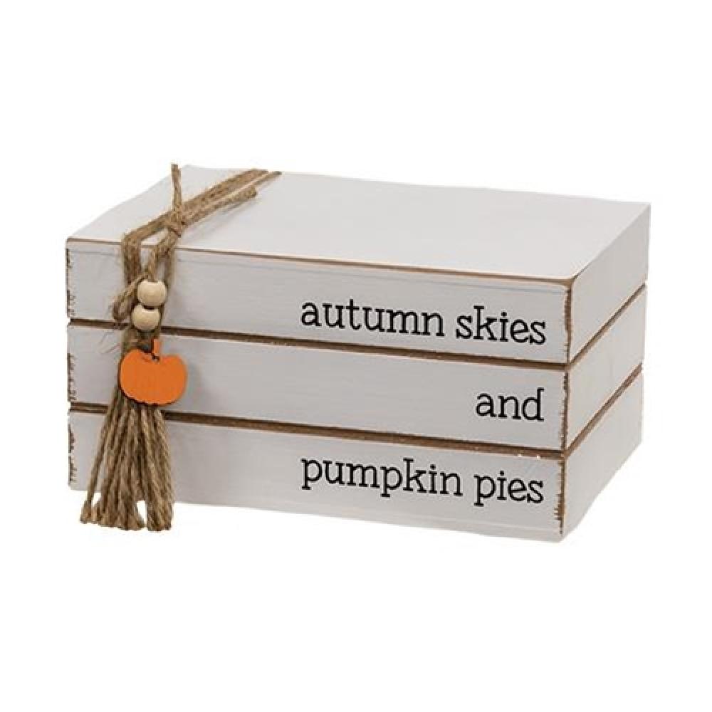 Autumn Skies & Pumpkin Pies Stacked Wooden Books - Rustic Home Decor for Fall, Thanksgiving Centerpiece, Bookshelf Display