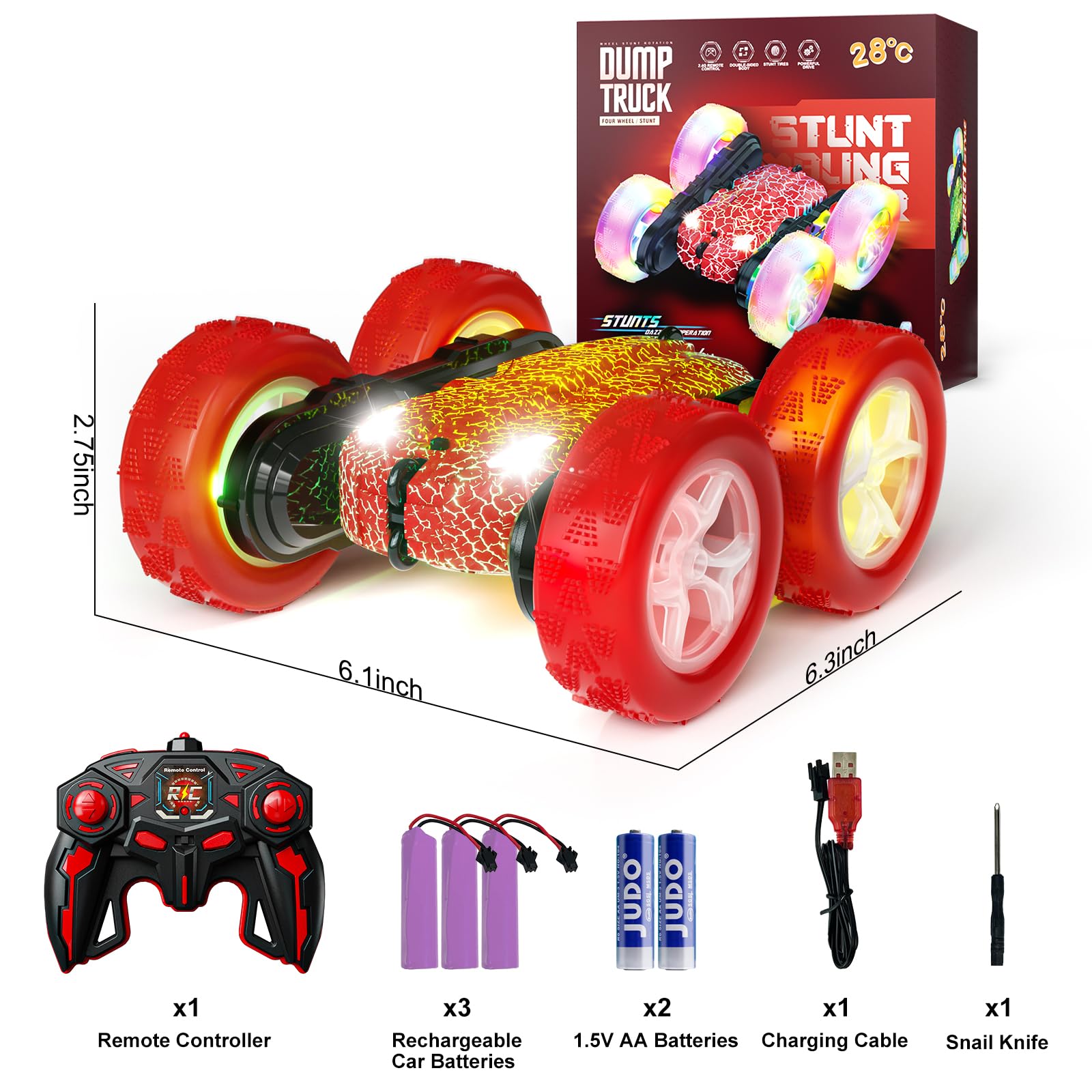 Remote Control Stunt Car for Kids 6-12 - 4WD 2.4Ghz 360° Rotating Crawler with Lights - Perfect Birthday Gift for Boys & Girls - Indoor/Outdoor Play