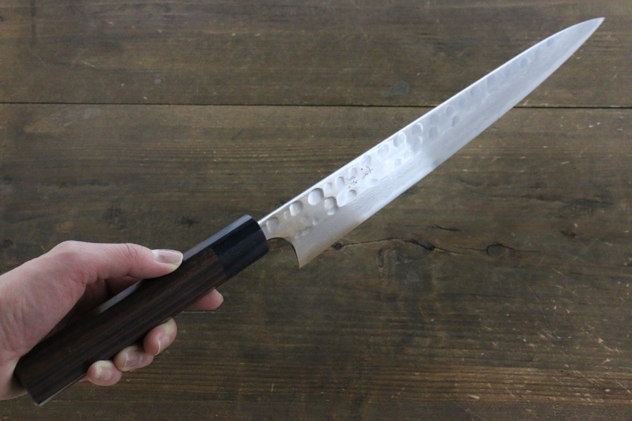 Premium Seisuke Blue Steel No.2 Hammered Damascus Yanagiba Sushi Knife 270mm with Shitan Handle - Professional Japanese Sushi & Sashimi Preparation for Chefs & Home Cooks