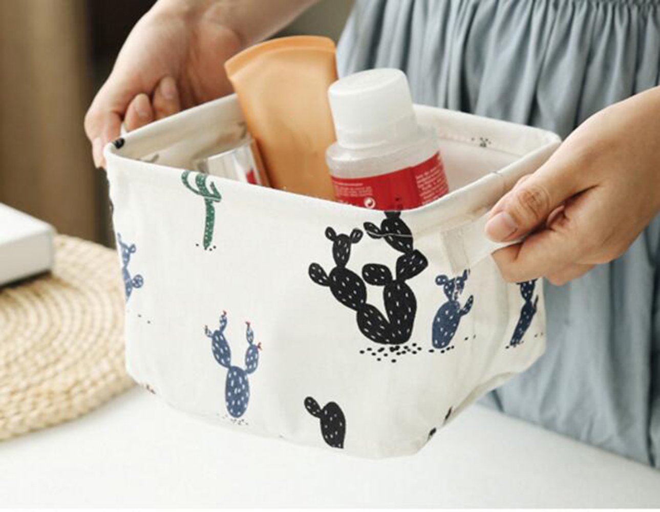 Foldable Cactus Storage Bins - Set of 4 Cream Organizer Baskets for Nursery, Kids Toys, Makeup & Small Items | Desktop, Bathroom & Closet Organization | Space-Saving Home Decor