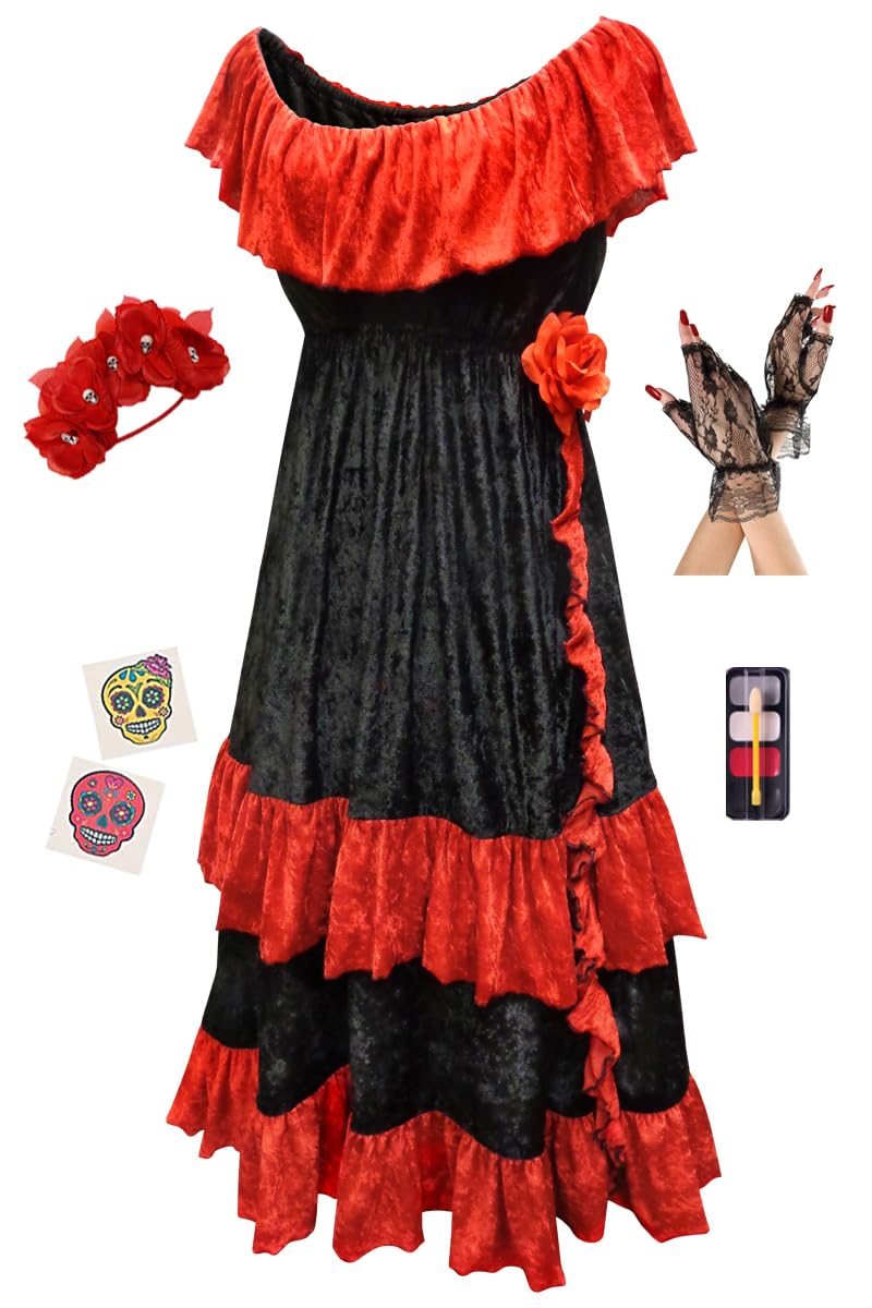 Sanctuarie Designs Women's Plus Size Day of the Dead Costume Dress - Mexican Sugar Skull Print Halloween Party Outfit for Dia de Los Muertos Celebrations