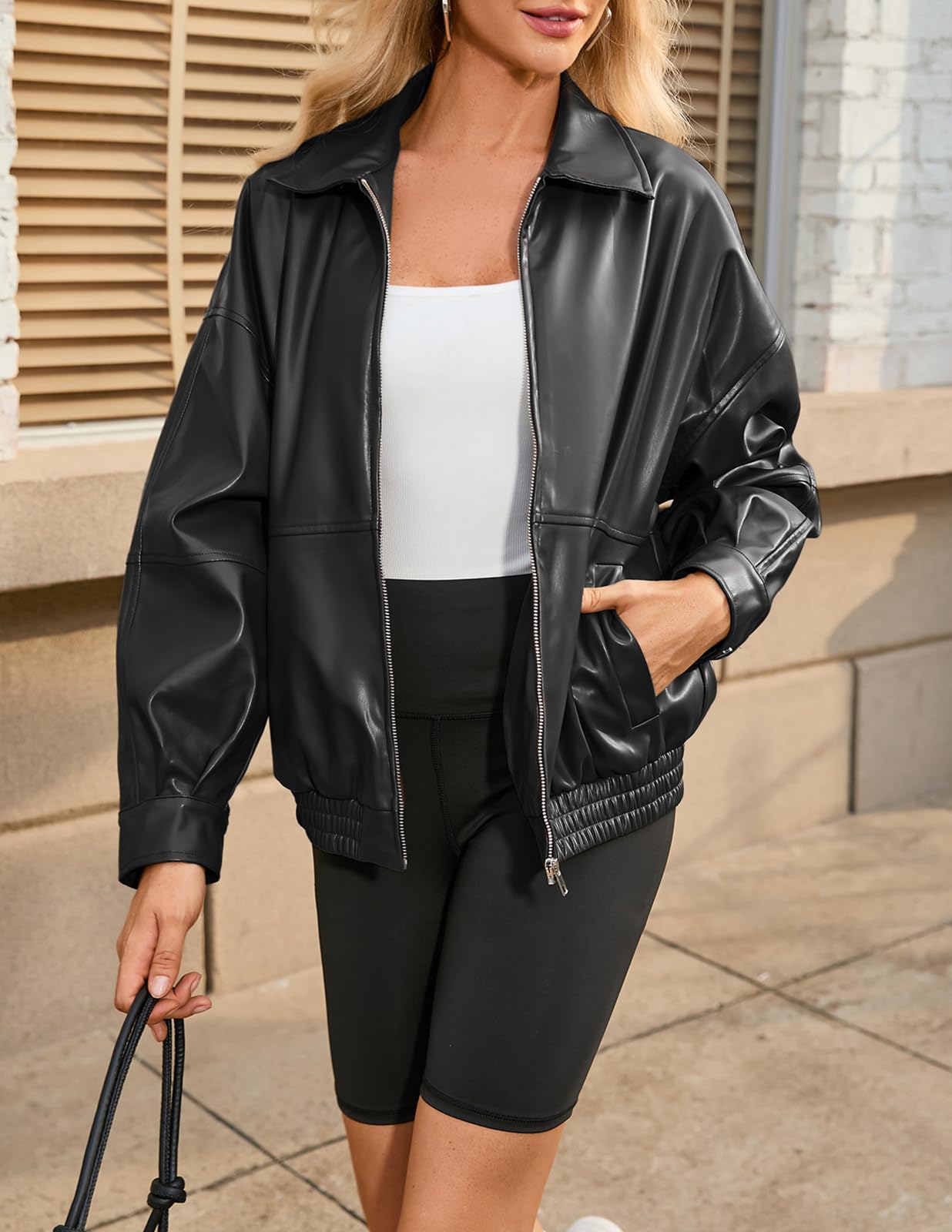 Kate Kasin Women's Faux Leather Jacket - Oversized Vegan Leather Coat for Fall Winter Fashion 2024 | Trendy Biker Style Jacket for Casual Outfits, Night Out & Streetwear Looks