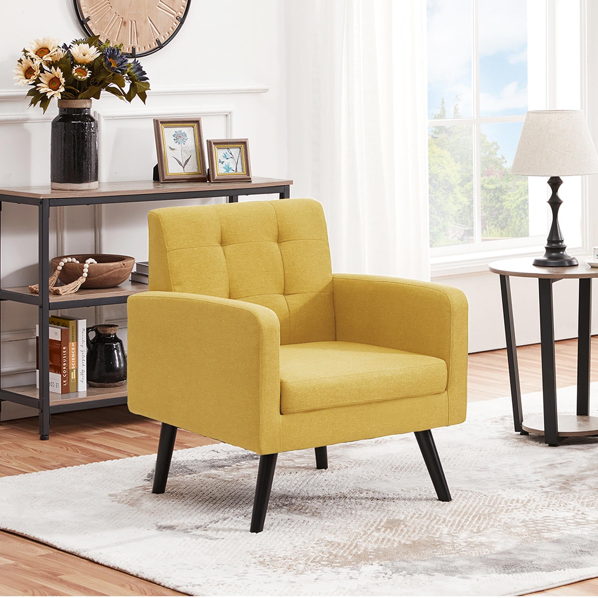 Yaheetech Mid-Century Modern Accent Chairs Set of 2 - Upholstered Living Room Armchairs with Button Tufted Back & Wooden Legs, Yellow - Perfect for Bedroom, Office, Cafe & Lounge Decor