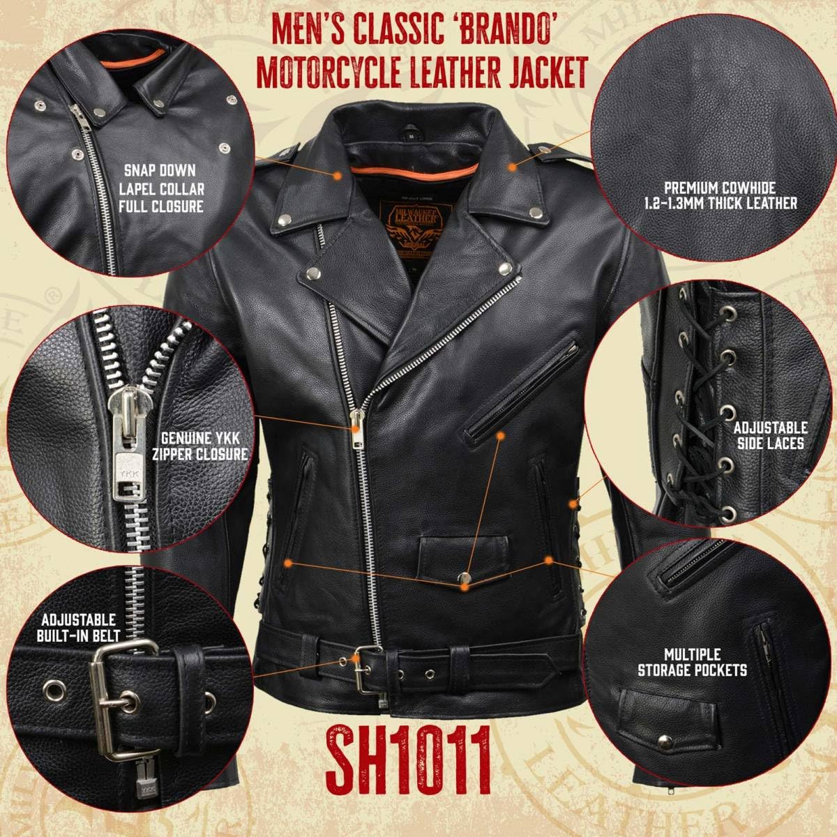 Milwaukee Men's Classic Side Lace Motorcycle Jacket - Genuine Leather Biker Jacket for Men - Perfect for Riding, Cruising & Motorcycle Enthusiasts