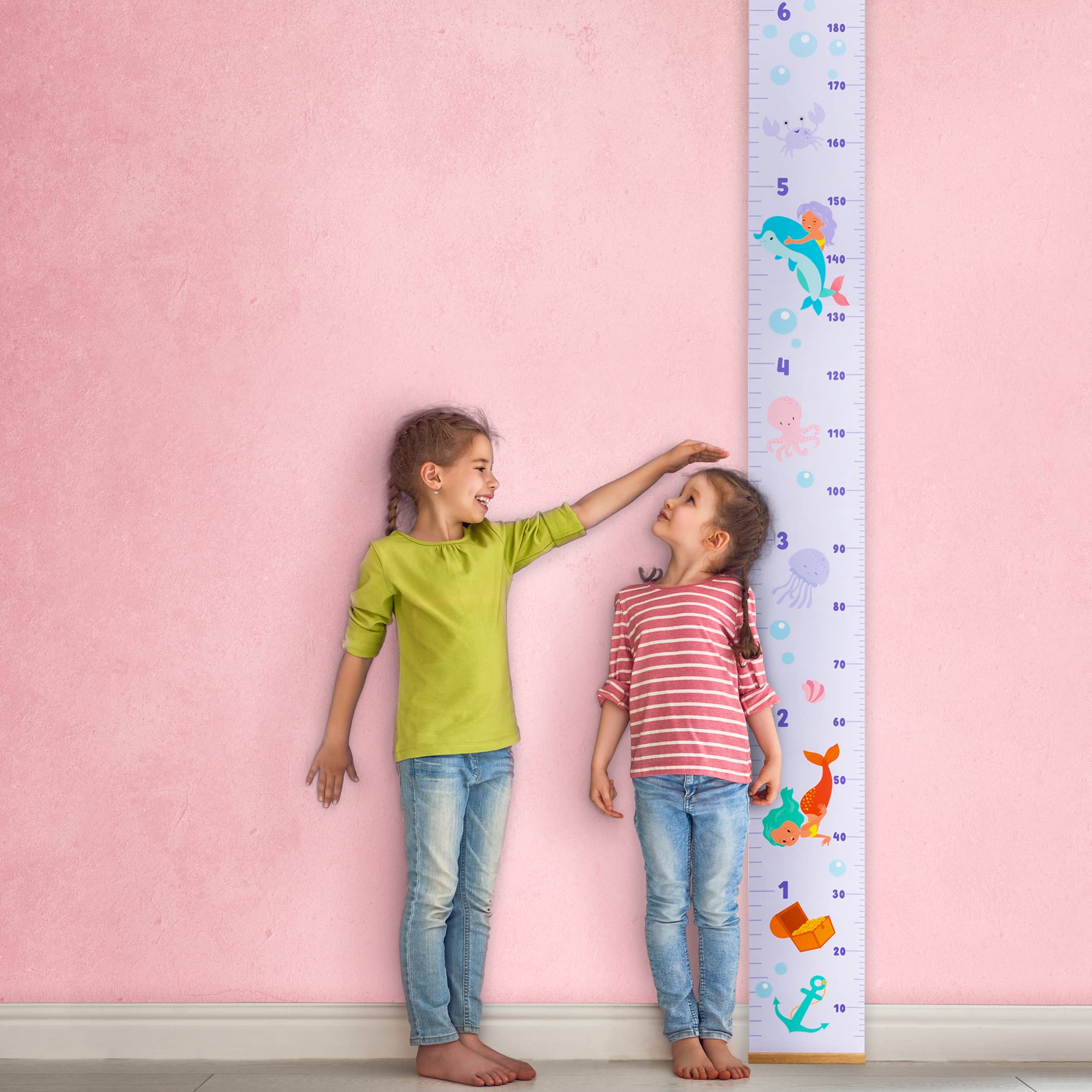 Seaworld Theme Kids Growth Chart - Wood Frame Removable Roll Up Canvas Height Measure for Nursery & Toddler Room Wall Decor - 7.9