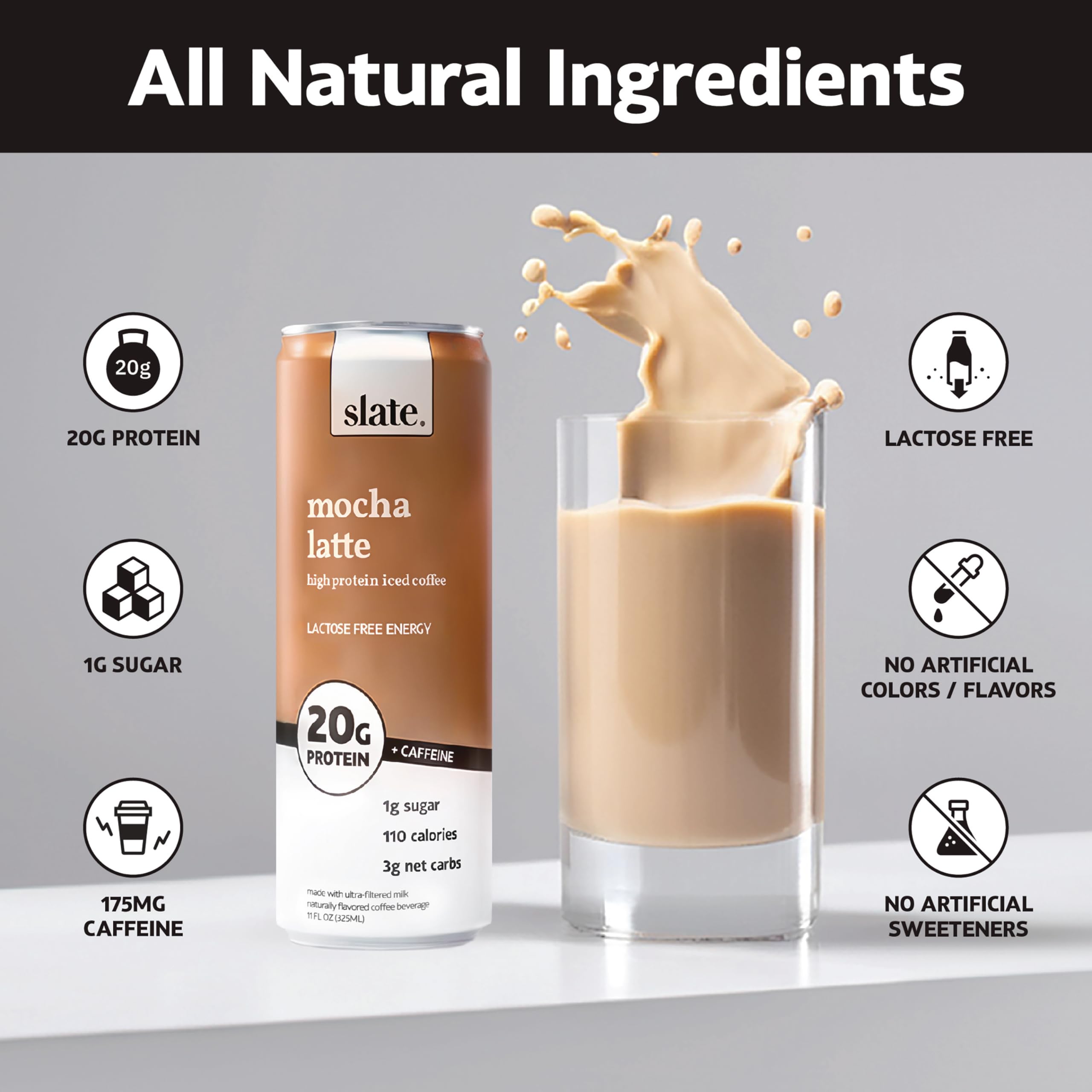 Slate Milk High Protein Shake - Mocha Latte Flavor, 20g Protein, Zero Added Sugar, 175mg Caffeine, Lactose Free, Keto Friendly, All Natural (11 oz, 48-Pack) | Perfect for Post-Workout Recovery, Breakfast On-The-Go & Healthy Snacking