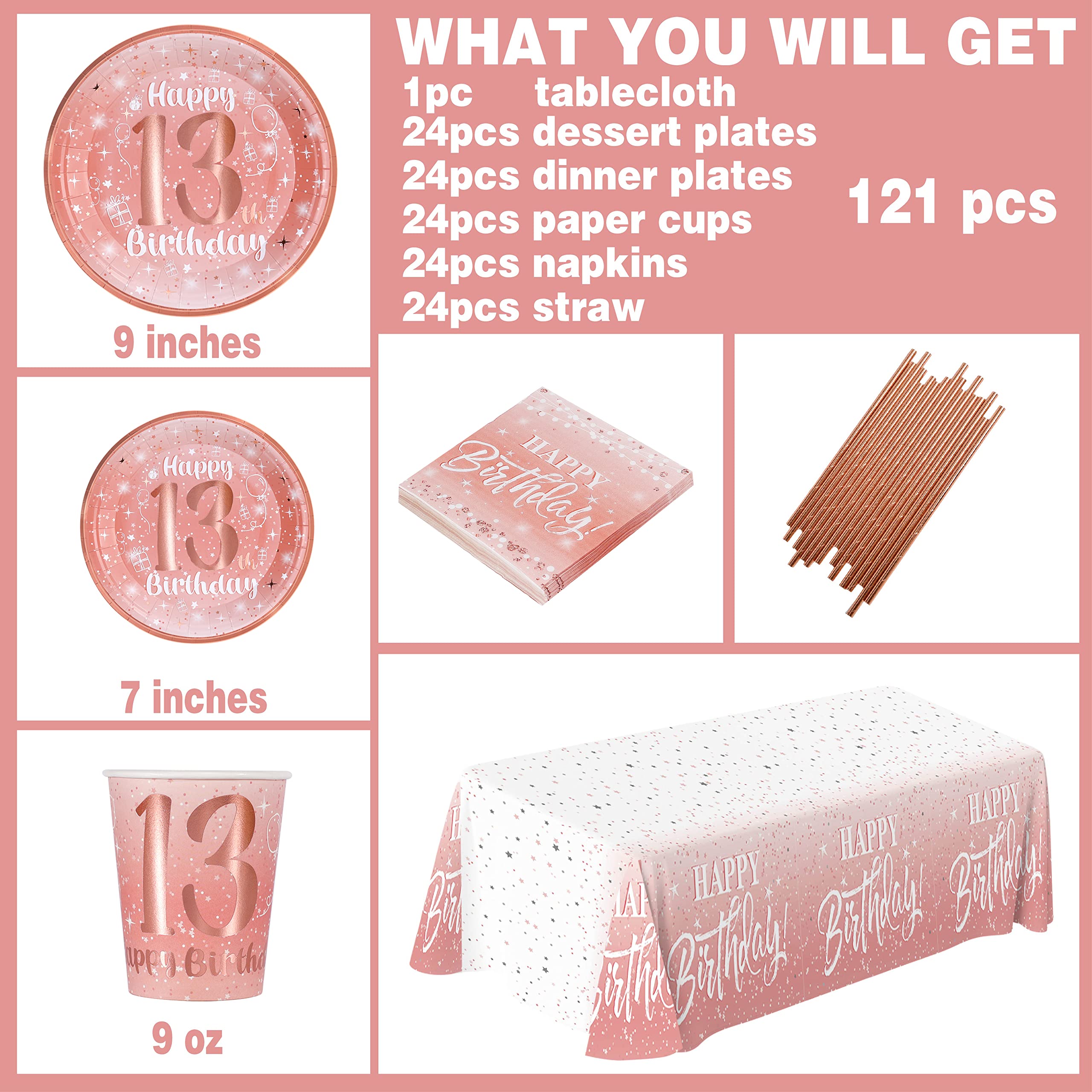 13th Birthday Party Decorations for Girls - Rose Gold Happy Birthday Banner, Balloons & Plates Set (13 Count) | Perfect for Teen Birthday Parties, Sweet 16 Decor & Special Celebrations