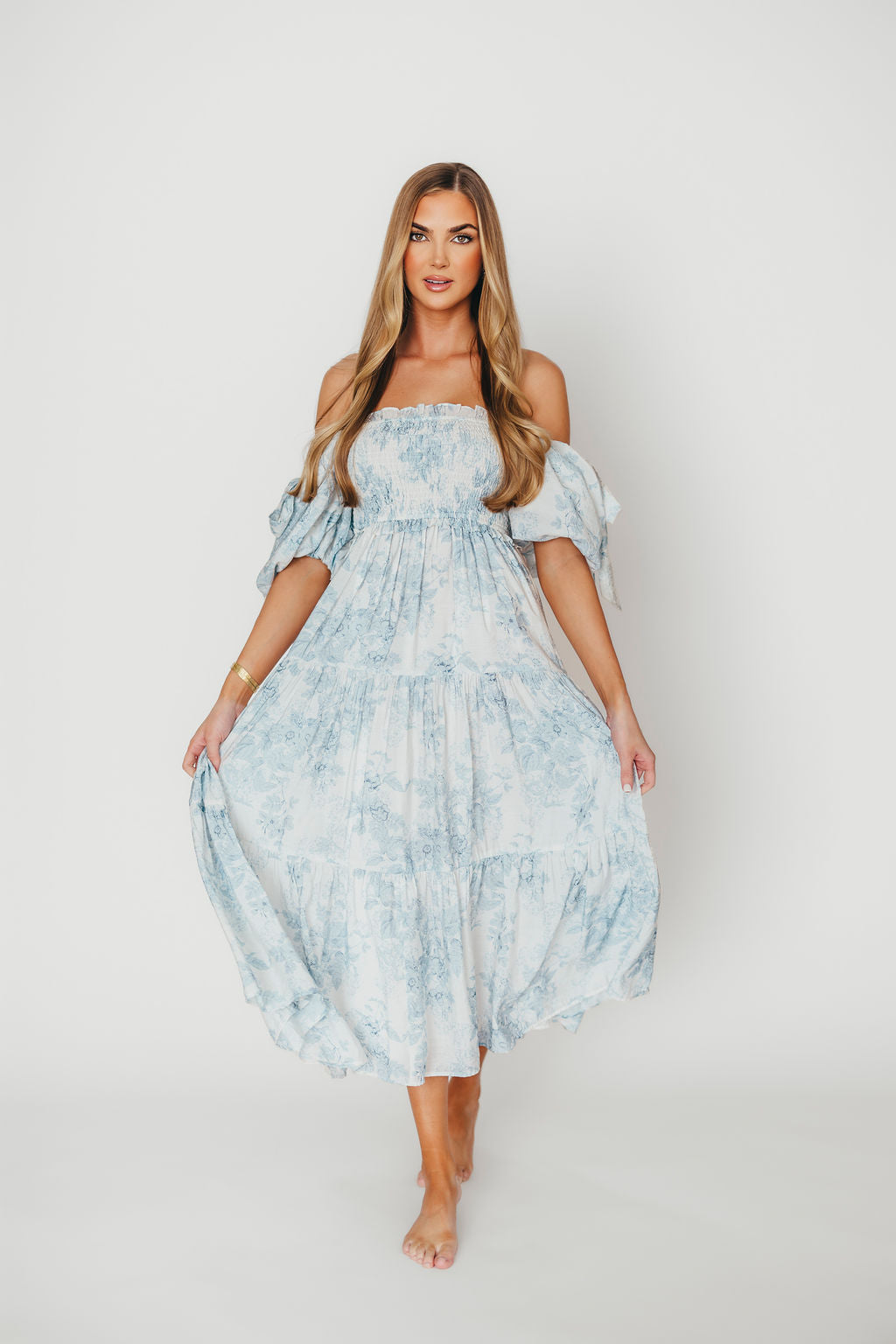 Elena Floral Print Smocked Midi Dress in Blue - Bump Friendly Maternity Dress & Inclusive Sizing for Women - Perfect for Baby Showers, Bridal Events & Summer Weddings