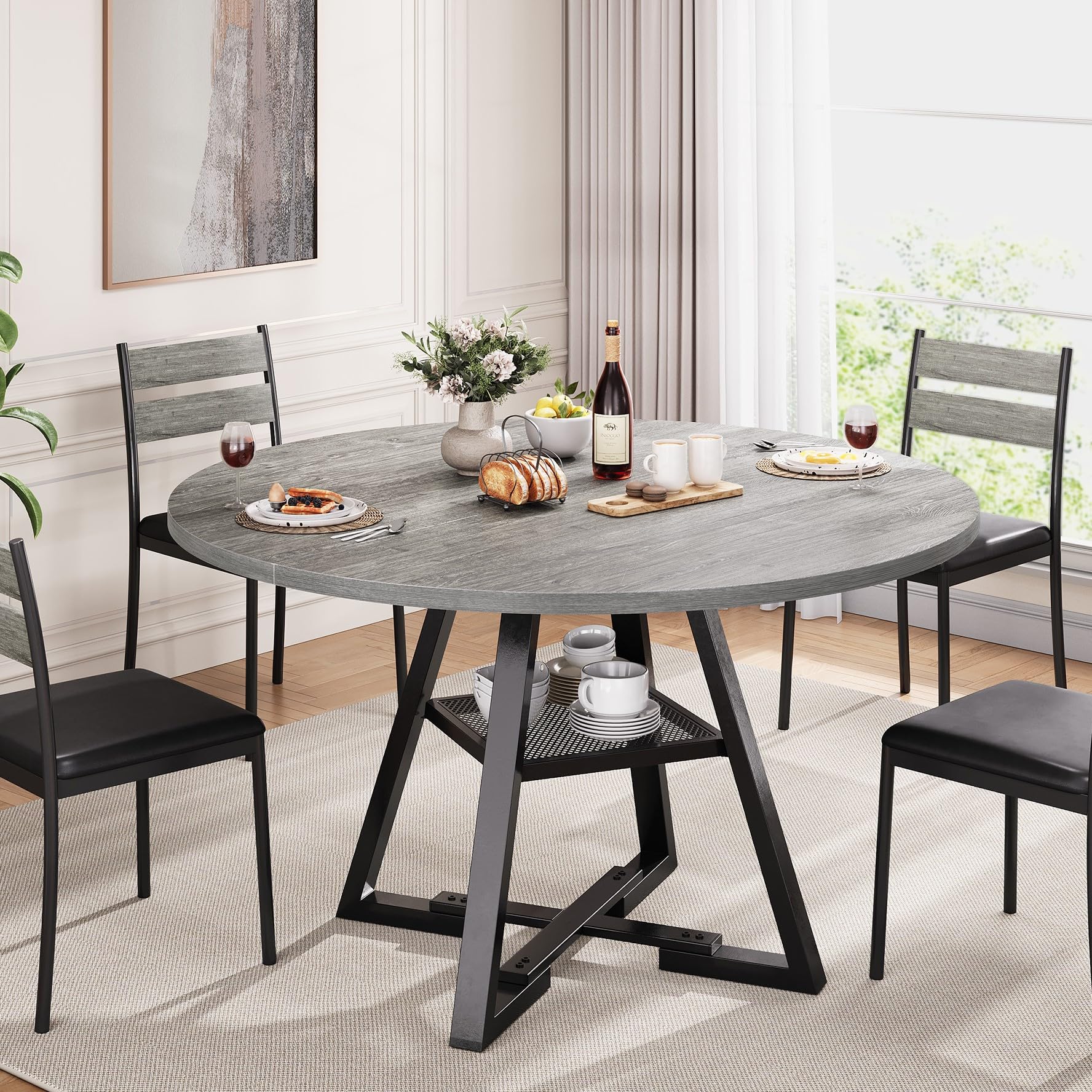 42 Inch Round Dining Table for 4 - Space Saving Wooden Kitchen & Dining Room Furniture with Pedestal Base, Grey - Perfect for Small Spaces, Breakfast Nooks & Cozy Family Meals