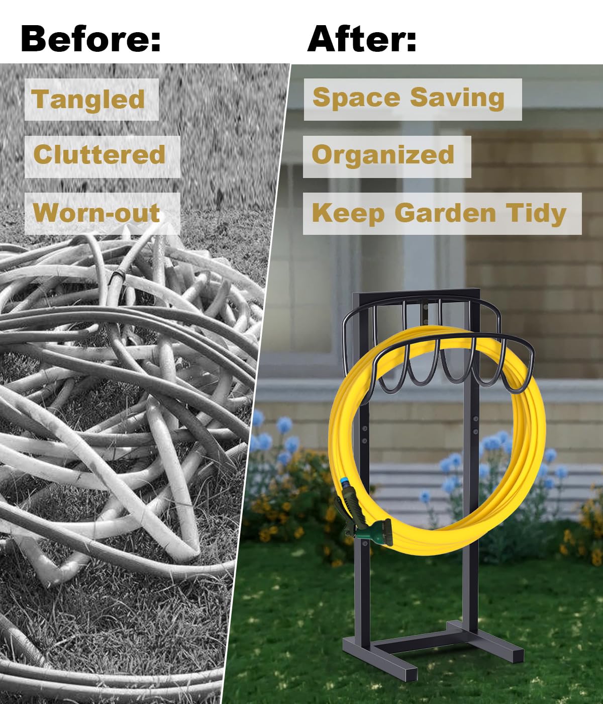 Heavy Duty Freestanding Metal Garden Hose Holder with 4 Ground Spikes - 150ft Hose Reel Stand Organizer for Lawn, Yard & Outdoor Watering - Durable Black Storage Rack (Perfect for Backyard, Garden, Patio & Garage Storage)