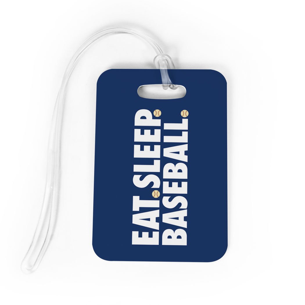 Custom Baseball Luggage Tag - Personalized Eat Sleep Baseball Bag Tag with Info on Back - Medium Size in Navy Blue - Perfect for Travel, Sports Fans & Baseball Enthusiasts