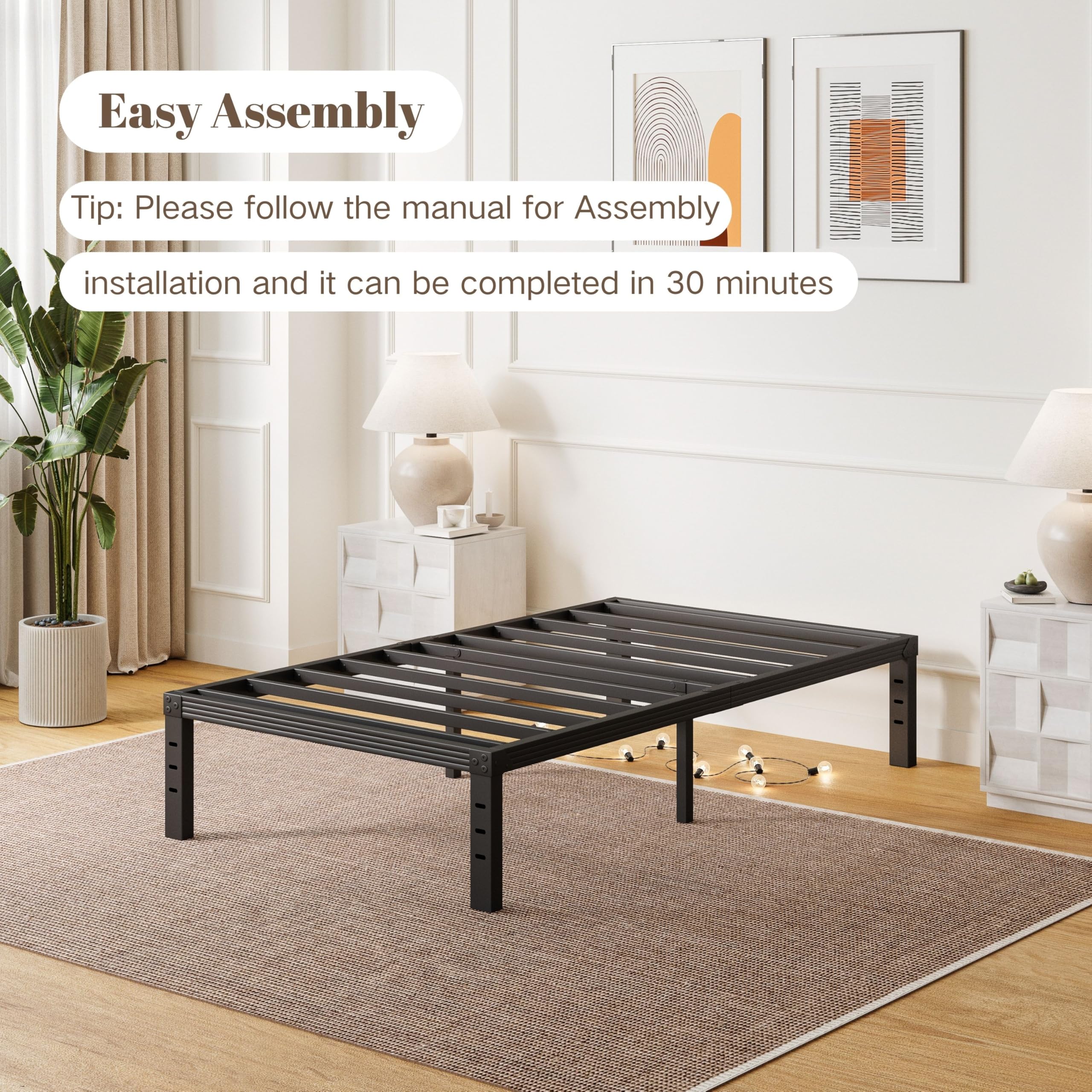 ZIYOO Twin Bed Frame with Heavy Duty Steel Slats - 14 Inch Platform Bed Frame, No Box Spring Needed, Noise Free & Easy Assembly - Under Bed Storage Space, Non-Slip Design, Black - Perfect for Kids Rooms, Guest Rooms & Small Spaces