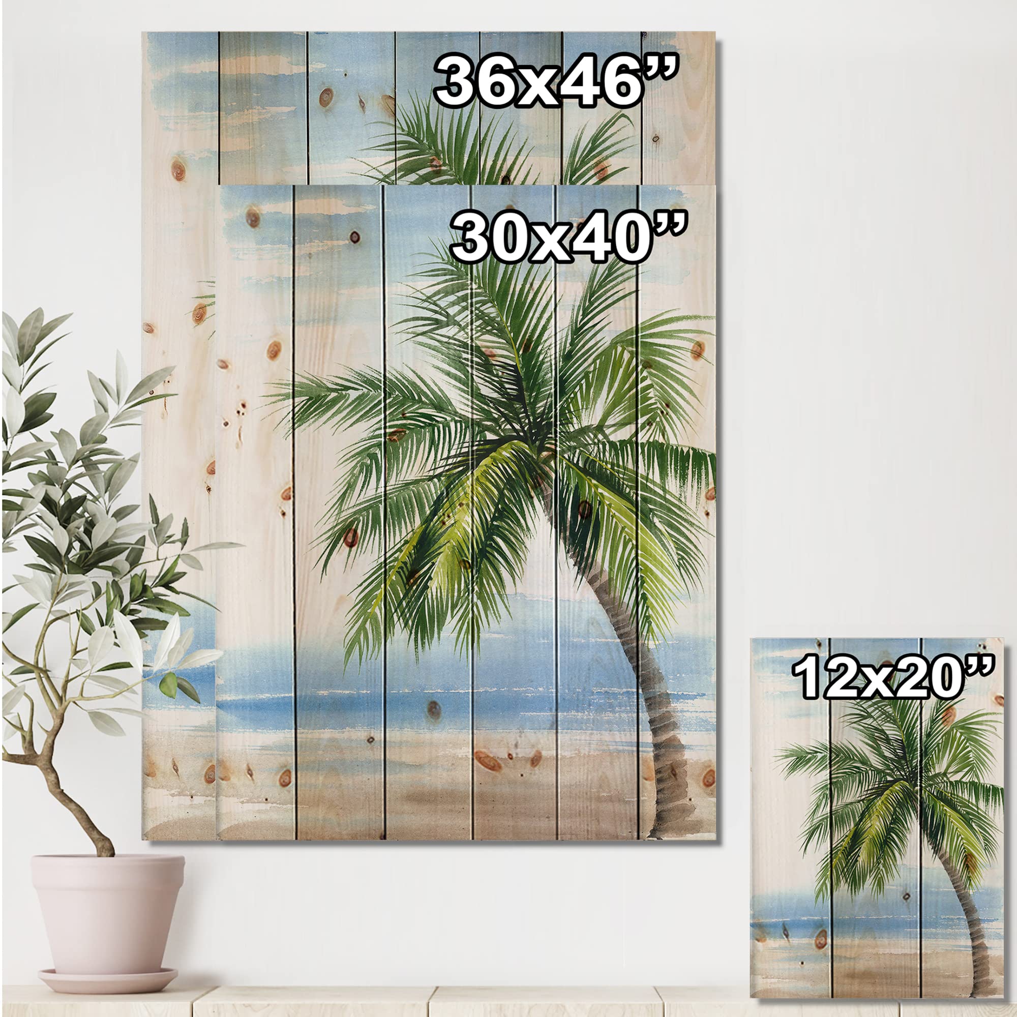 DesignQ Palm Tree At The Beach Resort Wood Wall Decor - Coastal Nautical Wall Art on Natural Pine Wood - Large Green Beach Wood Wall Panels for Living Room, Bedroom & Beach House Decor