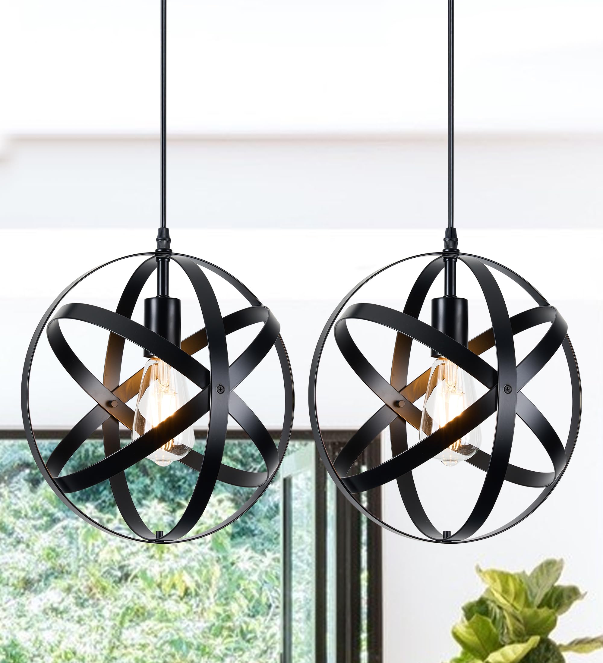 Farmhouse Chandelier - Industrial Pendant Light Fixture with Globe Shade - Black Ceiling Light for Dining Room, Kitchen Island & Hallway - Vintage Edison Bulb Style - Perfect for Rustic Home Decor & Modern Farmhouse Interiors (Set of 2 Black)