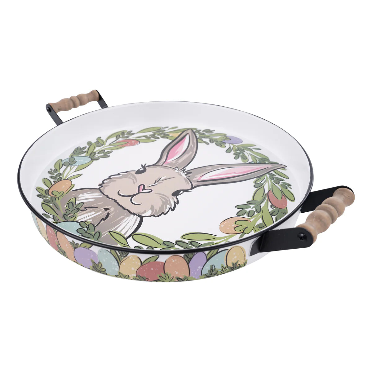 Easter Bunny Egg Wreath Enamel Tray - Decorative Spring Table Centerpiece for Easter Decorations, Kitchen Serving, or Home Decor