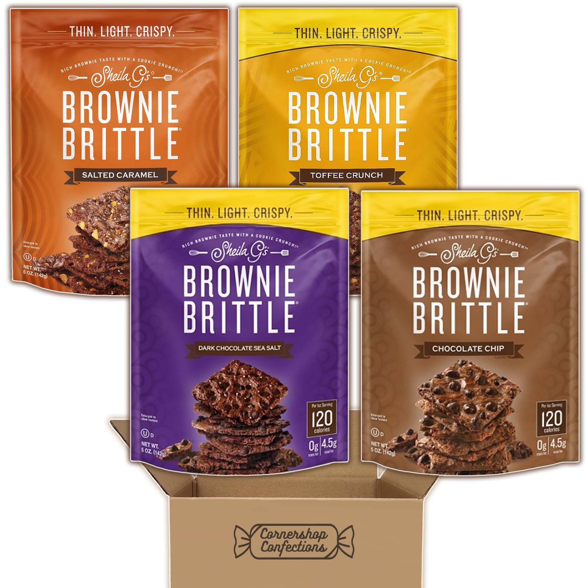 Sheila.G's Brownie Brittle Variety Pack - 4 Delicious Flavors (Salted Caramel, Toffee Crunch, Chocolate Chip, Dark Chocolate Sea Salt) - 5oz Resealable Bags - Perfect for Snacking, Gifts & Parties - Cornershop Confections