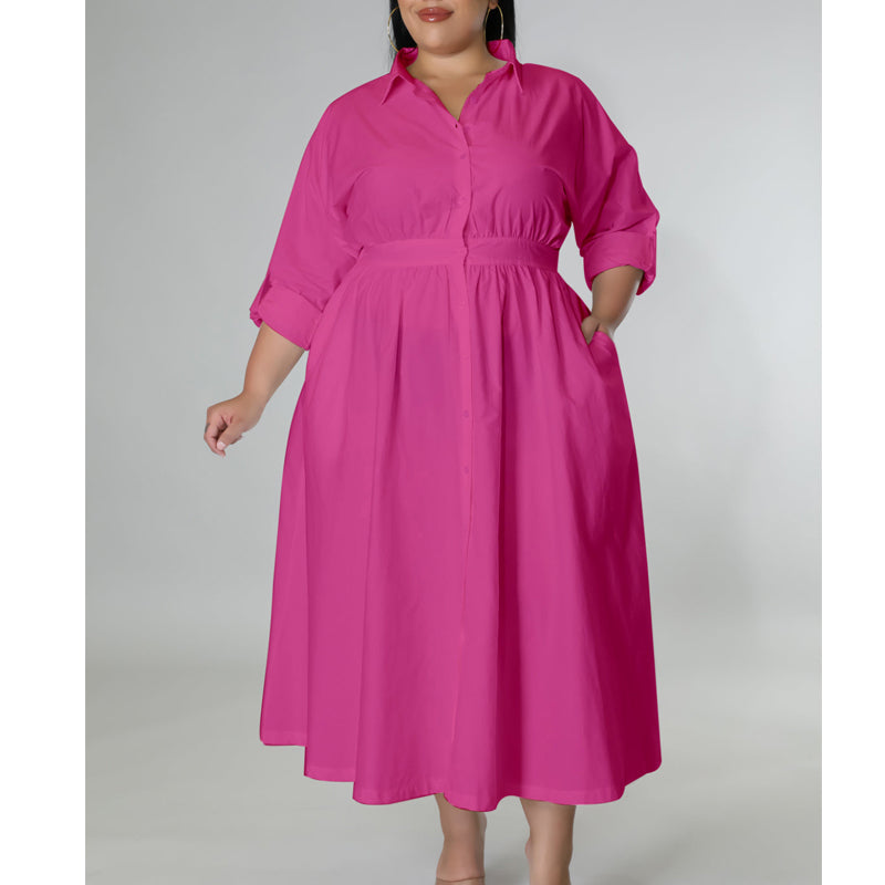 Plus Size Solid Color Long Sleeve Shirt Dress for Women - Casual Office Wear & Everyday Outfit